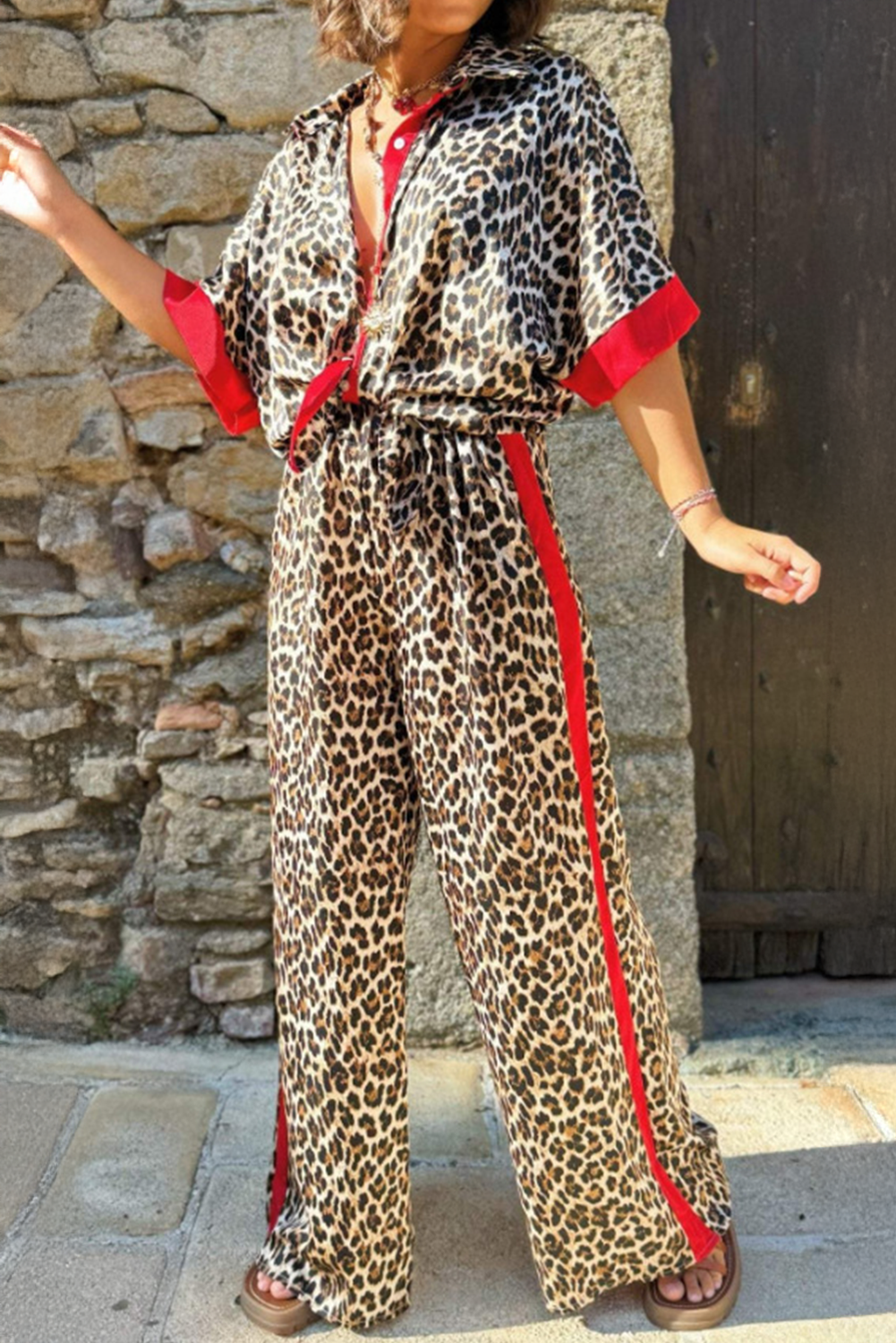 Multicolour Leopard Print Contrast Detail Short Sleeve Shirt And Loose Pants Set-Two Piece Sets/Pant Sets-[Adult]-[Female]-Multicolour-S-2022 Online Blue Zone Planet