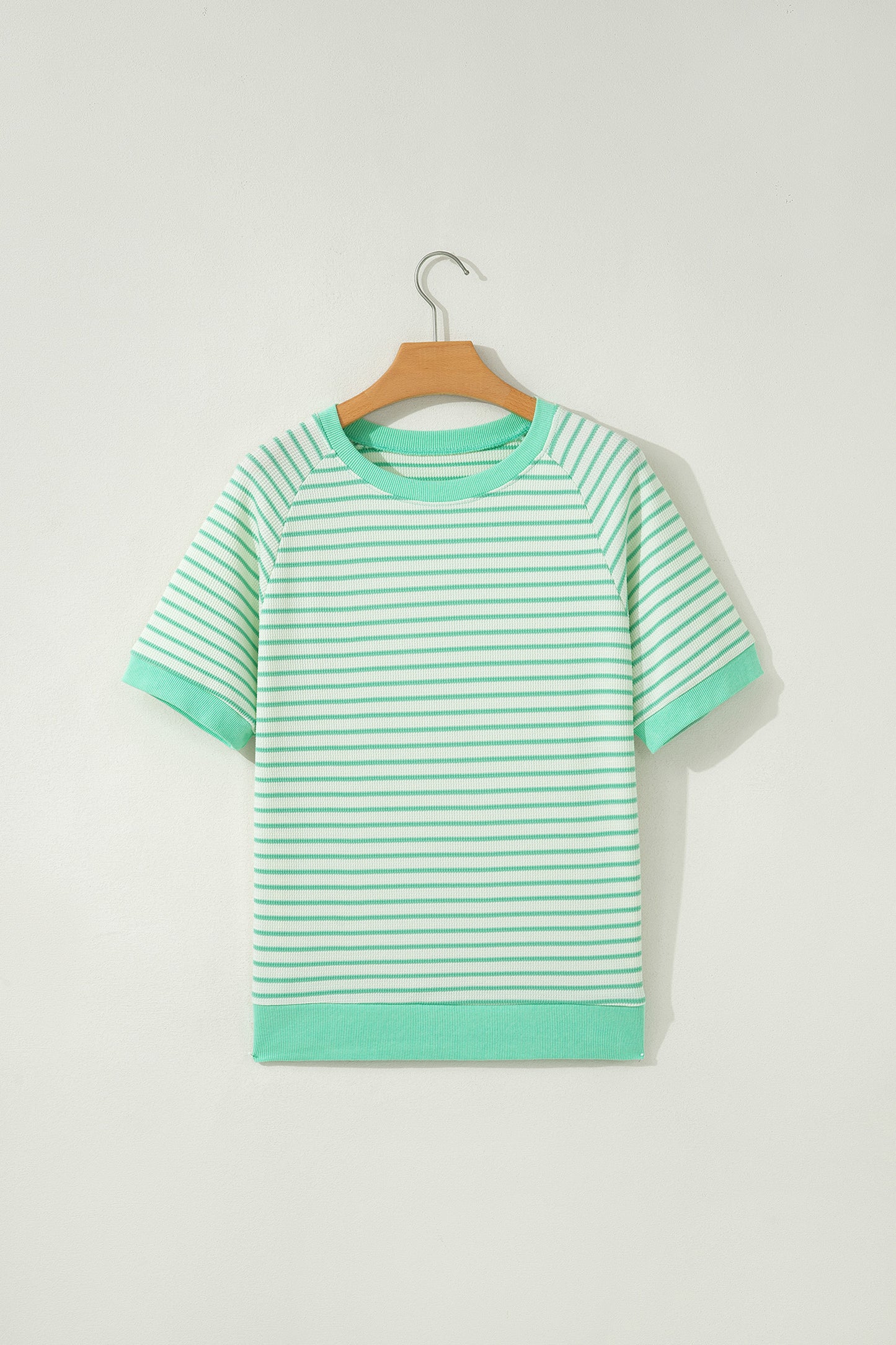 Green Stripe Colorblock Trim Round Neck Short Sleeve Tee-Tops/Tops & Tees-[Adult]-[Female]-2022 Online Blue Zone Planet