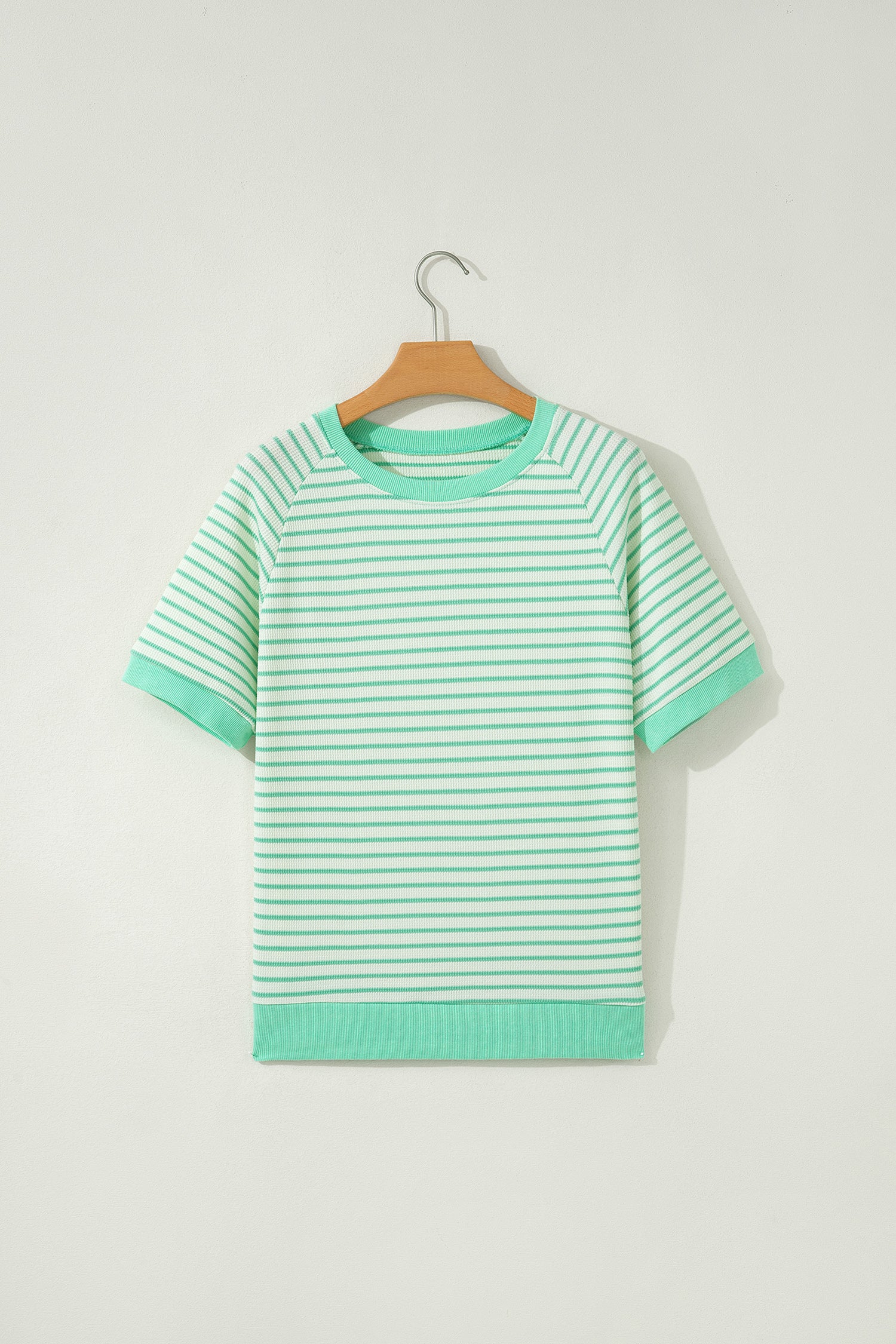 Green Stripe Colorblock Trim Round Neck Short Sleeve Tee-Tops/Tops & Tees-[Adult]-[Female]-2022 Online Blue Zone Planet