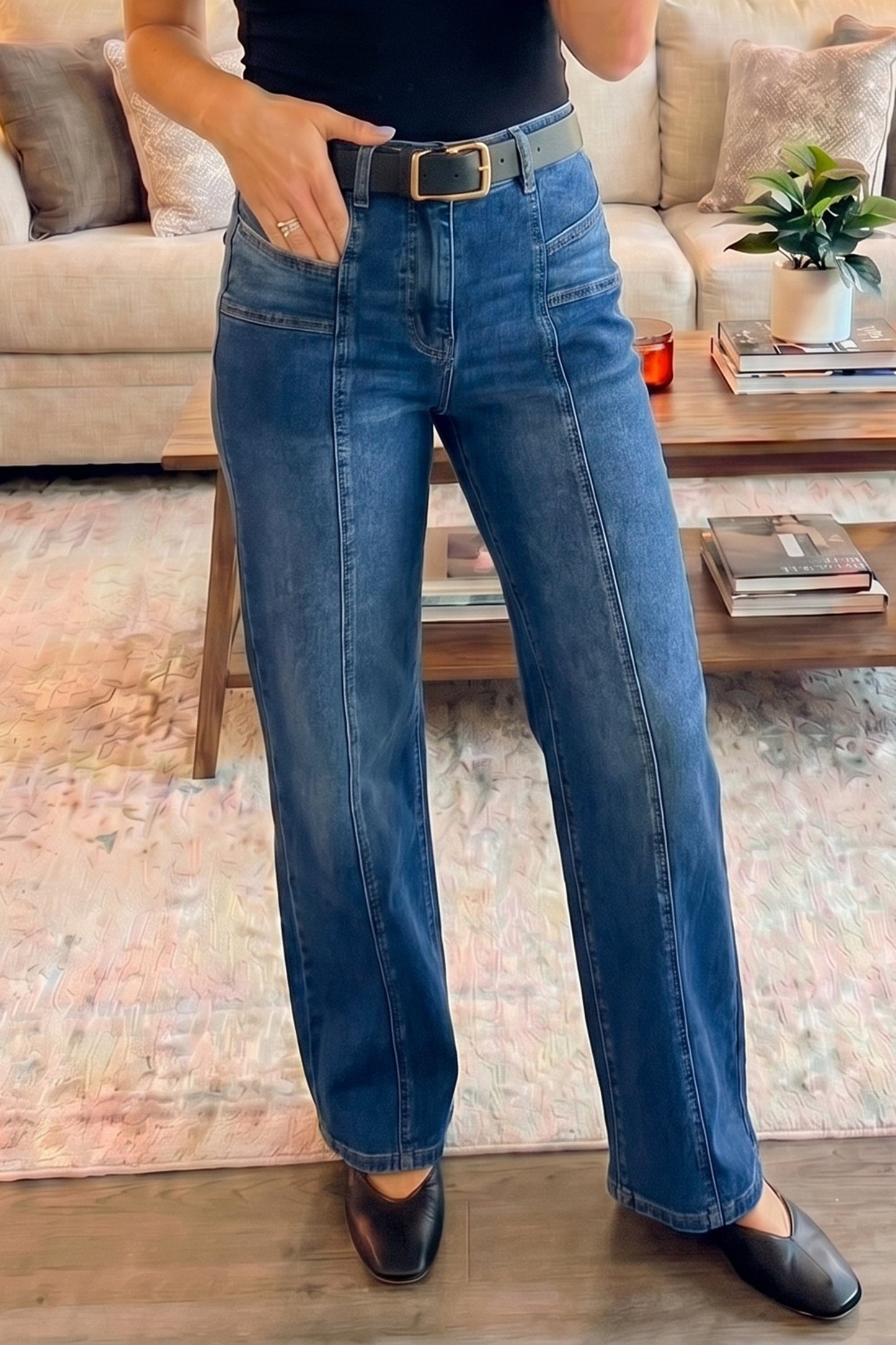 Sky Blue Tailored Seam Detail Womens Shift Jeans-Bottoms/Jeans-[Adult]-[Female]-2022 Online Blue Zone Planet
