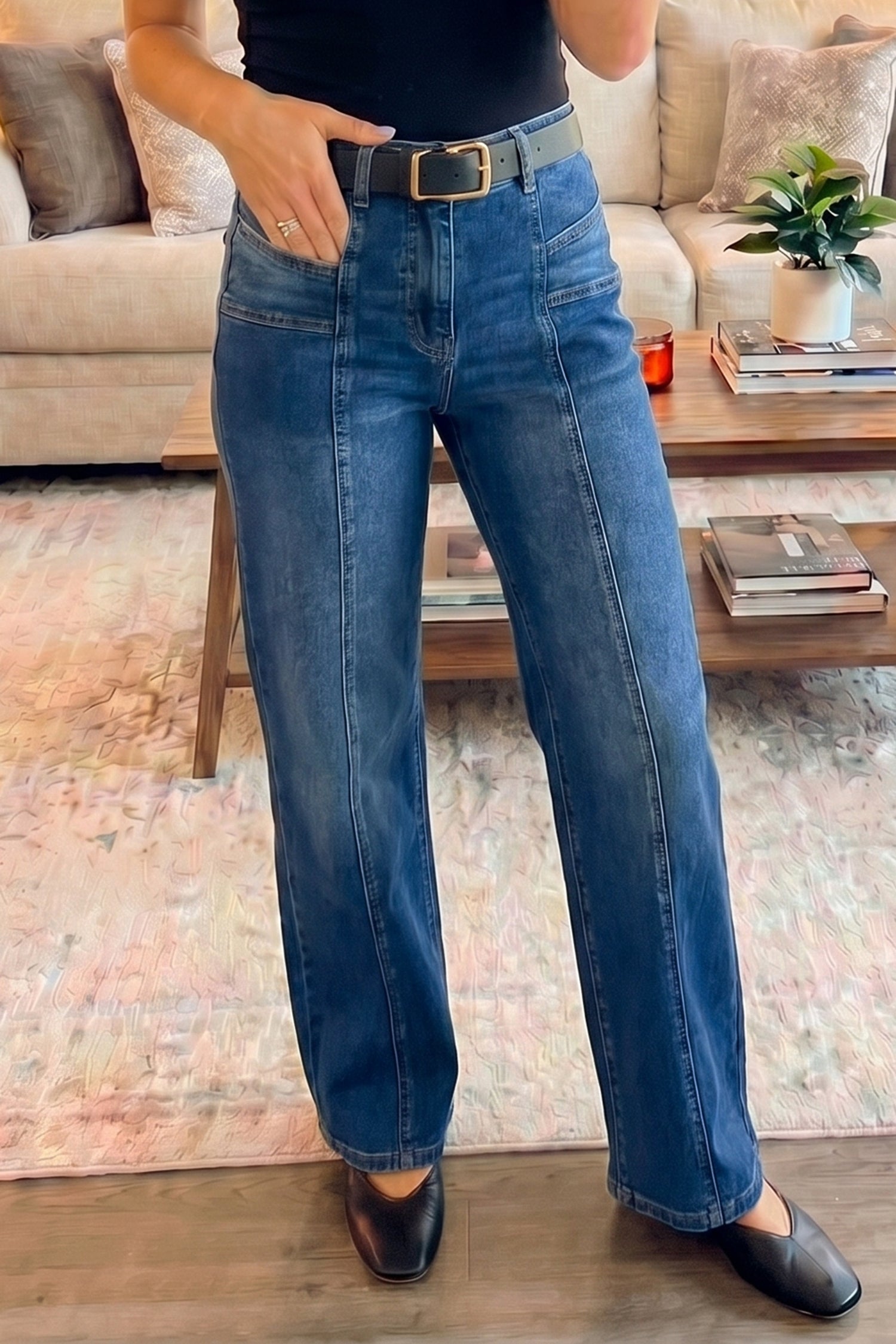 Sky Blue Tailored Seam Detail Womens Shift Jeans-Bottoms/Jeans-[Adult]-[Female]-2022 Online Blue Zone Planet