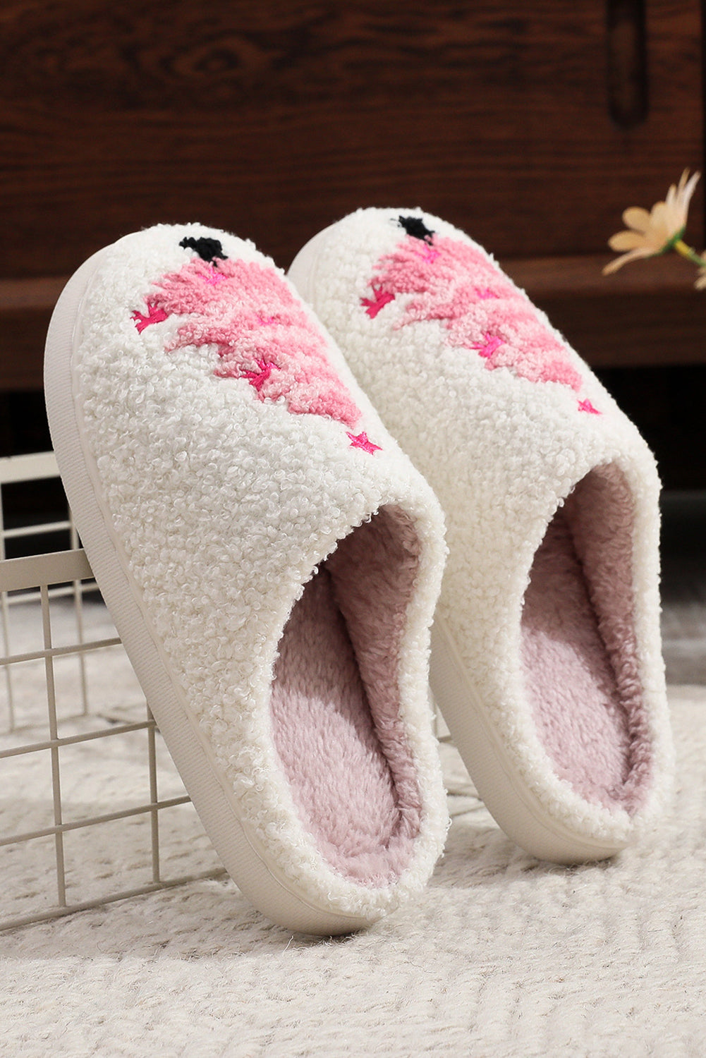 White Plush Christmas Tree Color Contrasted Liner House Slippers-Shoes & Bags/Slippers-[Adult]-[Female]-2022 Online Blue Zone Planet