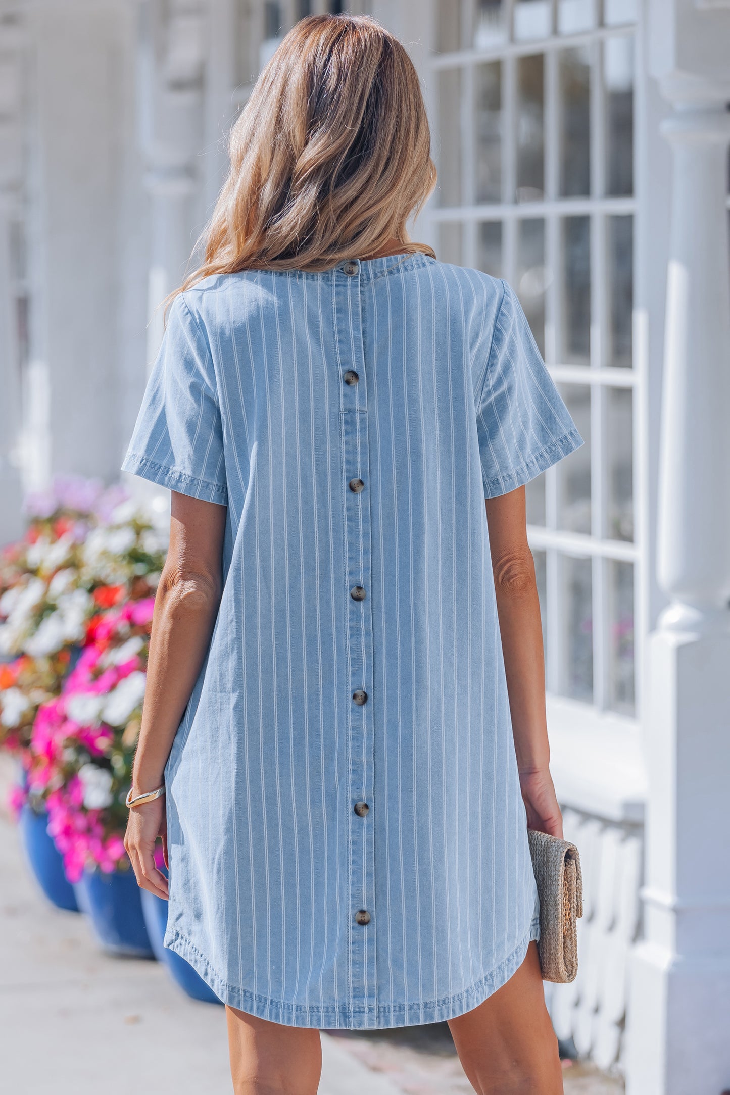 Sky Blue Stripe Buttoned Back T-Shirt Denim Mini Dress-TOPS / DRESSES-[Adult]-[Female]-2022 Online Blue Zone Planet