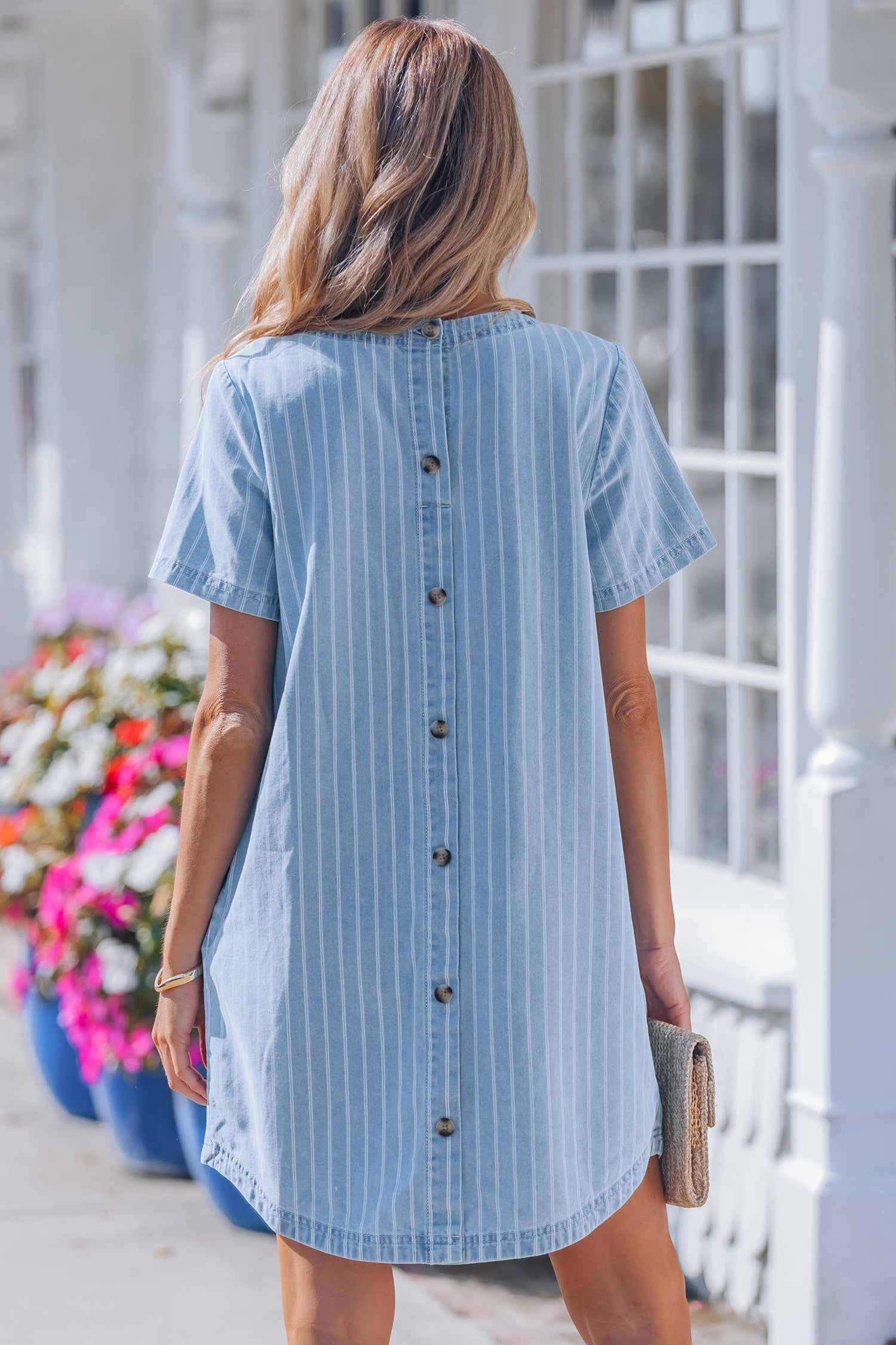 Sky Blue Stripe Buttoned Back T-Shirt Denim Mini Dress-TOPS / DRESSES-[Adult]-[Female]-2022 Online Blue Zone Planet