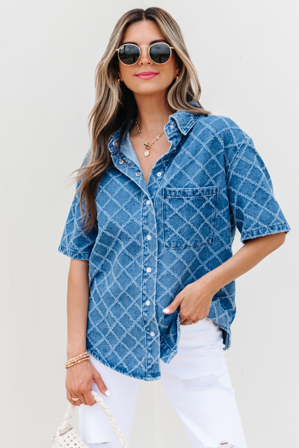 Dusk Blue Checkered Textured Short Sleeve Patched Pocket Denim Shirt-Tops/Blouses & Shirts-[Adult]-[Female]-2022 Online Blue Zone Planet
