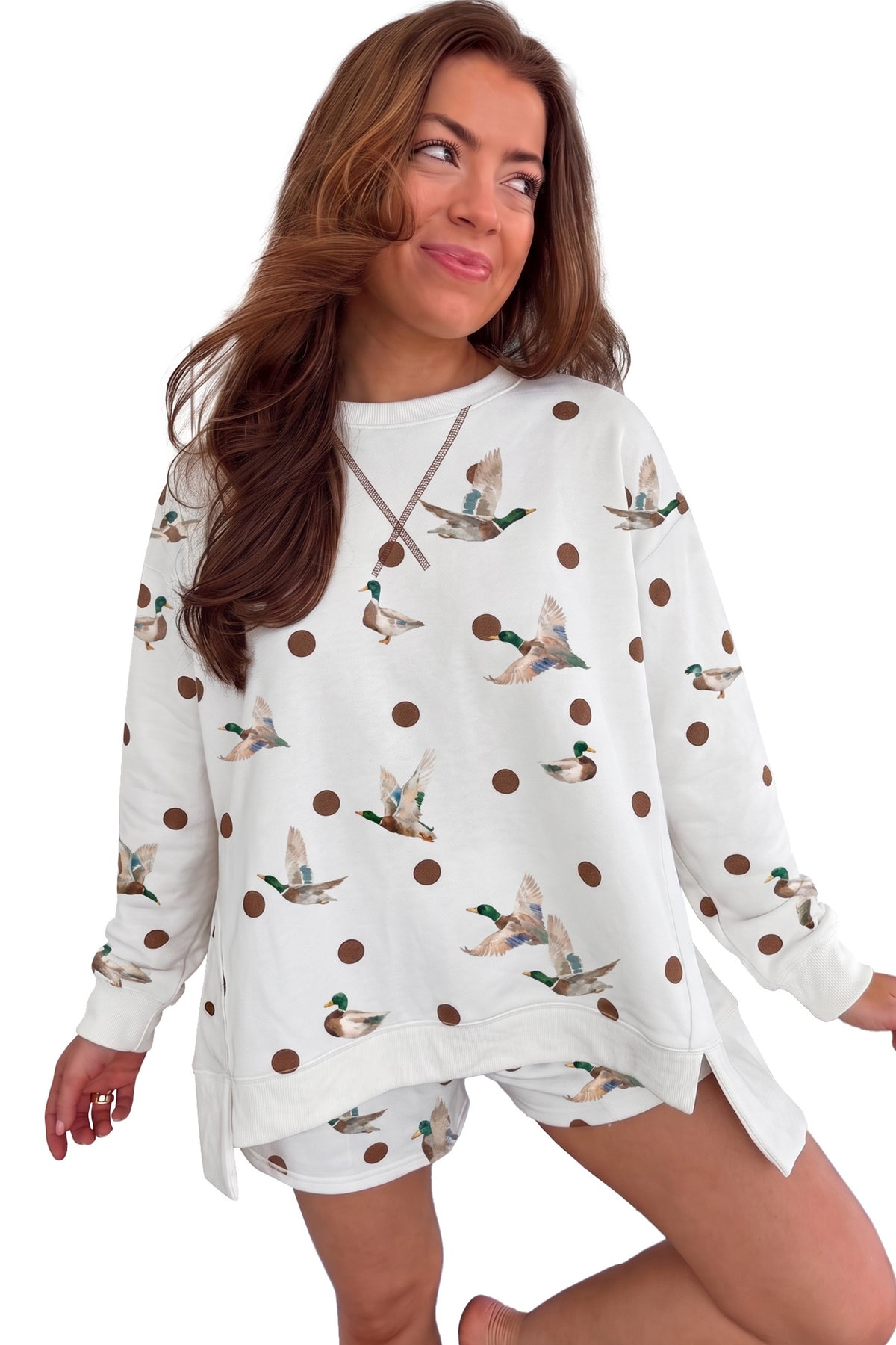 White Polka Dot Malard Print Oversized Pullover and Shorts 2pcs Set