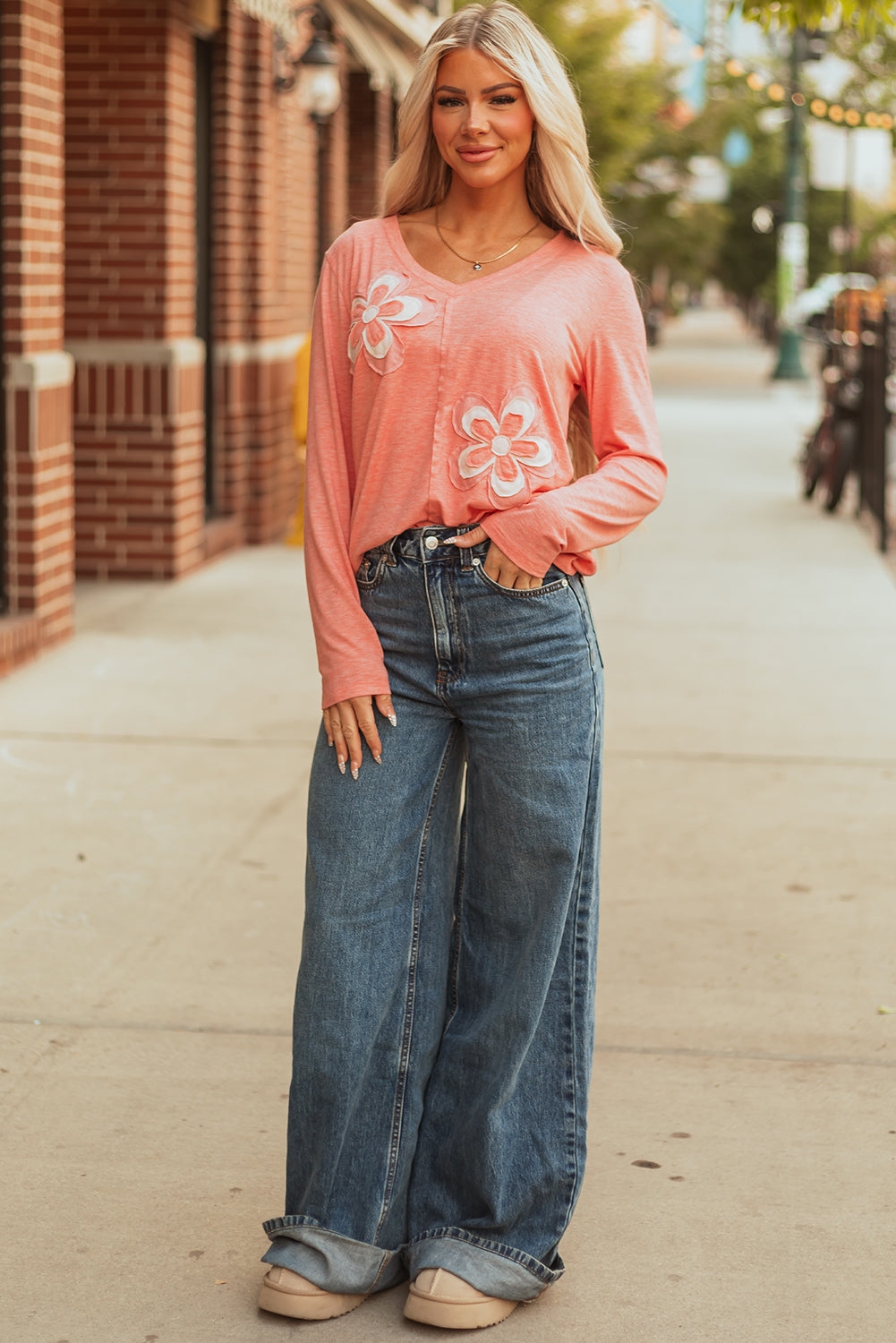 Fresh Salmon Floral Patchwork V Neck Long Sleeve T Shirt-Tops/Long Sleeve Tops-[Adult]-[Female]-2022 Online Blue Zone Planet