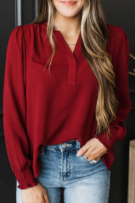 Burgundy Notched Neck Shirred Cuff Long Sleeve Blouse-Tops/Blouses & Shirts-[Adult]-[Female]-Burgundy-S-2022 Online Blue Zone Planet