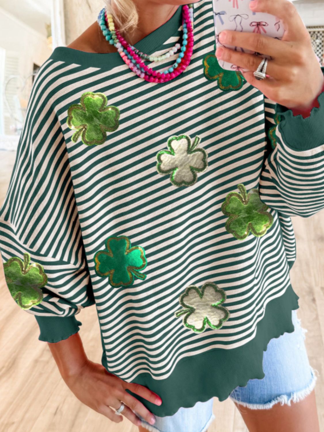 Stripe Lucky Clover Drop Shoulder Sweatshirt-TOPS / DRESSES-[Adult]-[Female]-Dark Green-S-2022 Online Blue Zone Planet