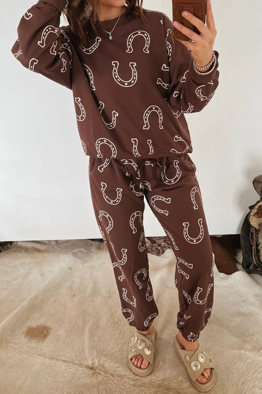 Brown Western Print Elastic Waist Pocket 2pcs Pant Set-Two Piece Sets/Pant Sets-[Adult]-[Female]-Brown-S-2022 Online Blue Zone Planet