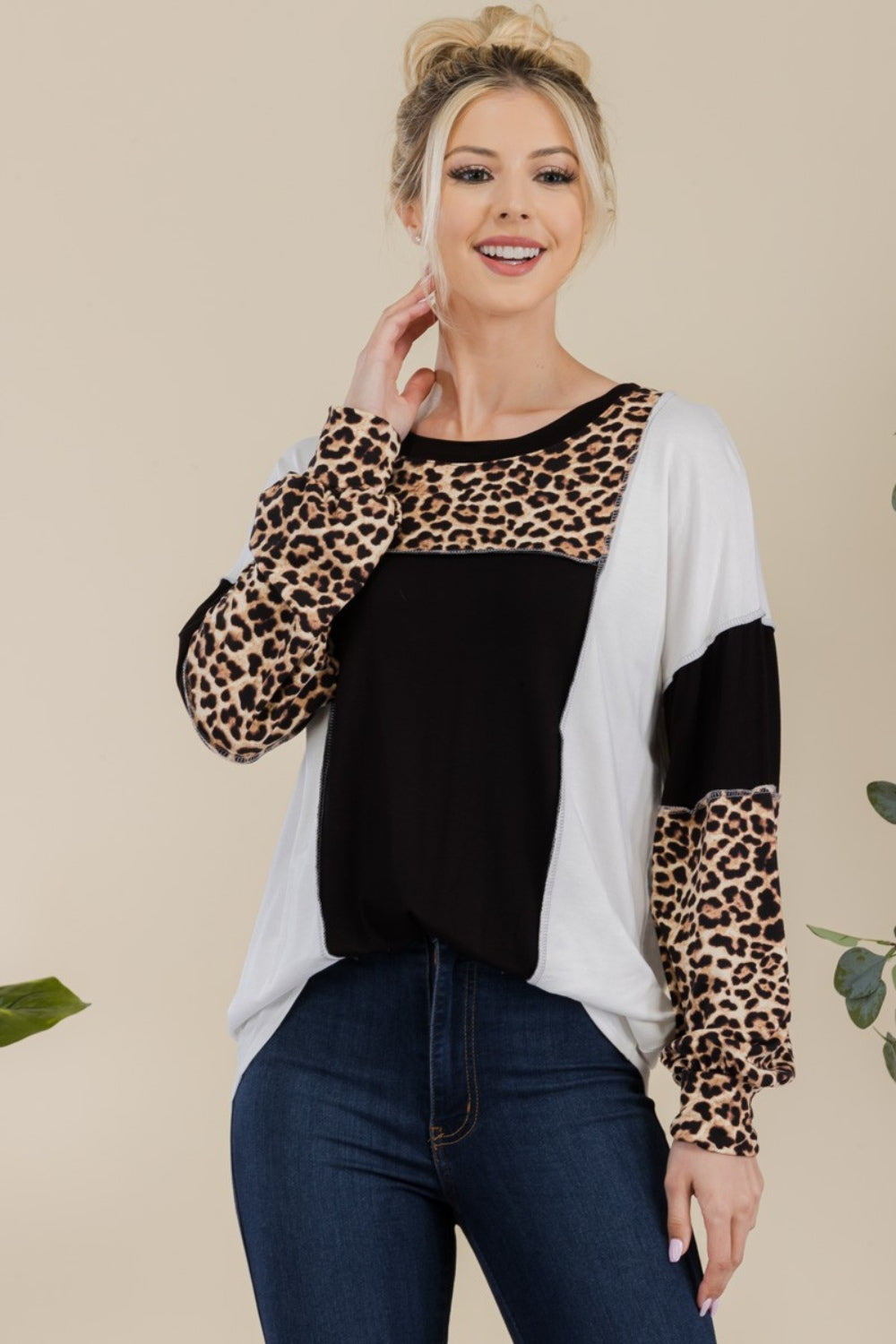 Blue Zone Planet | Celeste Full Size Leopard Color Block Exposed Seam T-Shirt-TOPS / DRESSES-[Adult]-[Female]-2022 Online Blue Zone Planet