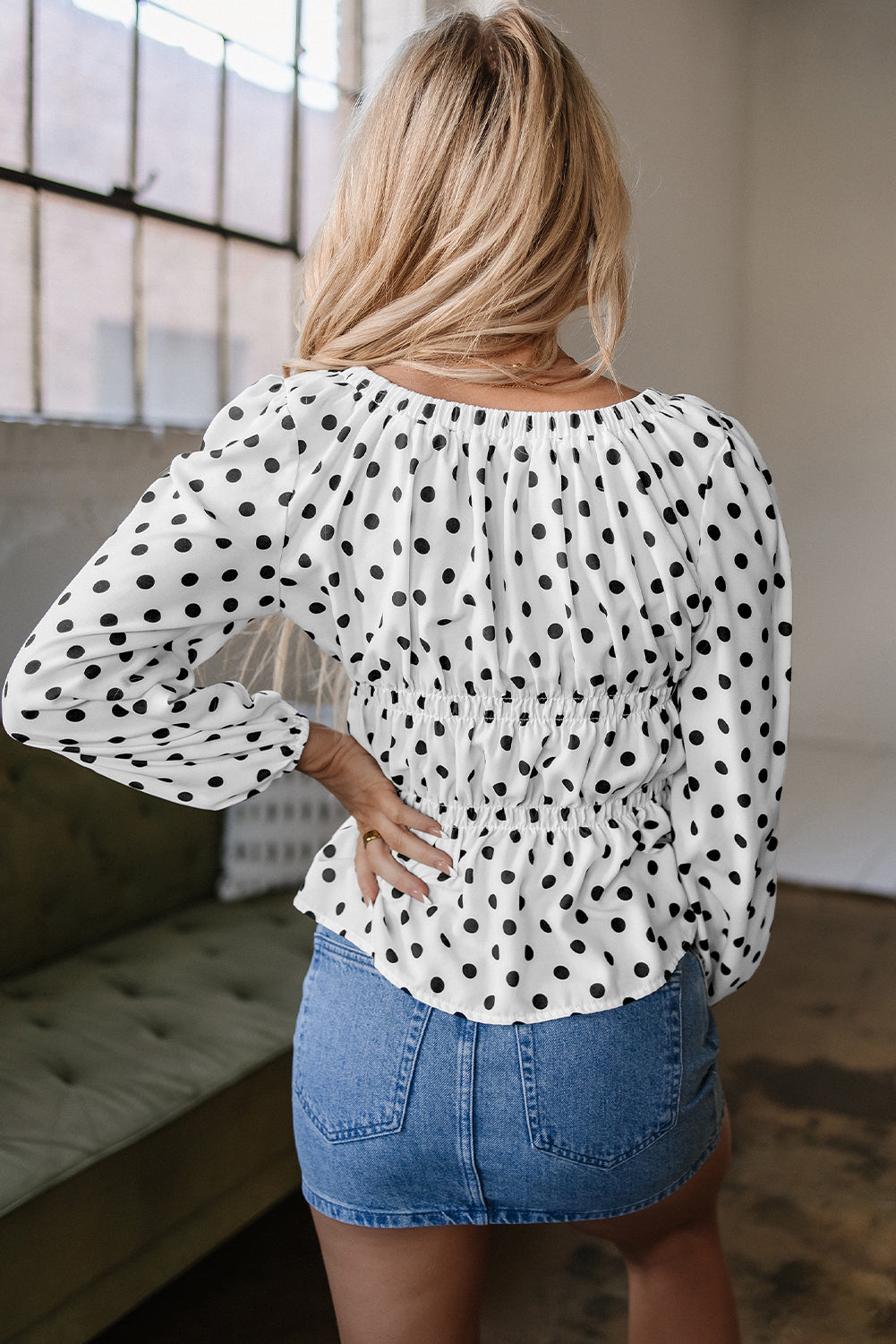 Black Polka Dot Puff Sleeve Bow Square Neck Peplum Top-Tops/Blouses & Shirts-[Adult]-[Female]-2022 Online Blue Zone Planet