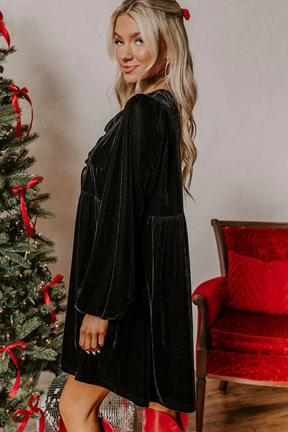 Black Front Tie Velvet Bubble Sleeve Mini Dress-TOPS / DRESSES-[Adult]-[Female]-2022 Online Blue Zone Planet