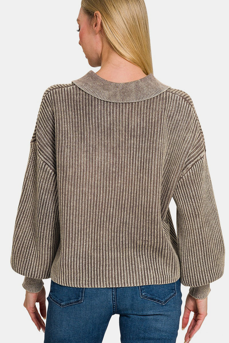 Zenana Washed Half Button Long Sleeve Sweater-TOPS / DRESSES-[Adult]-[Female]-2022 Online Blue Zone Planet