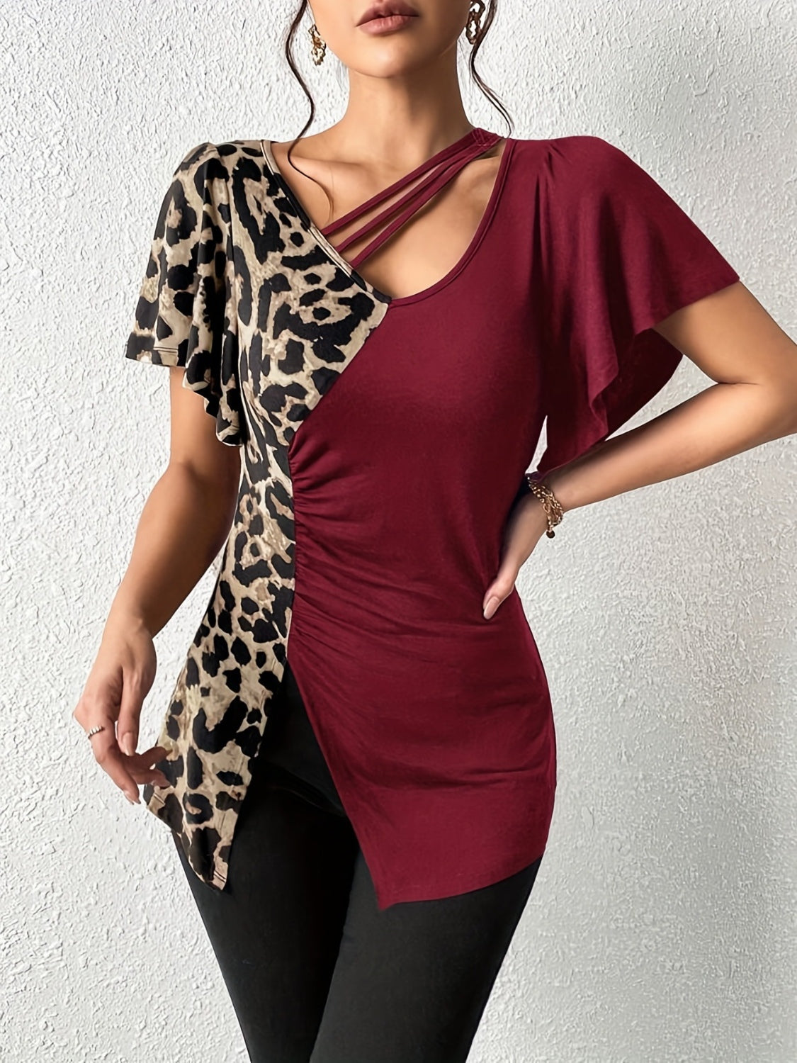 Ruched Leopard Flutter Sleeve T-Shirt-TOPS / DRESSES-[Adult]-[Female]-2022 Online Blue Zone Planet