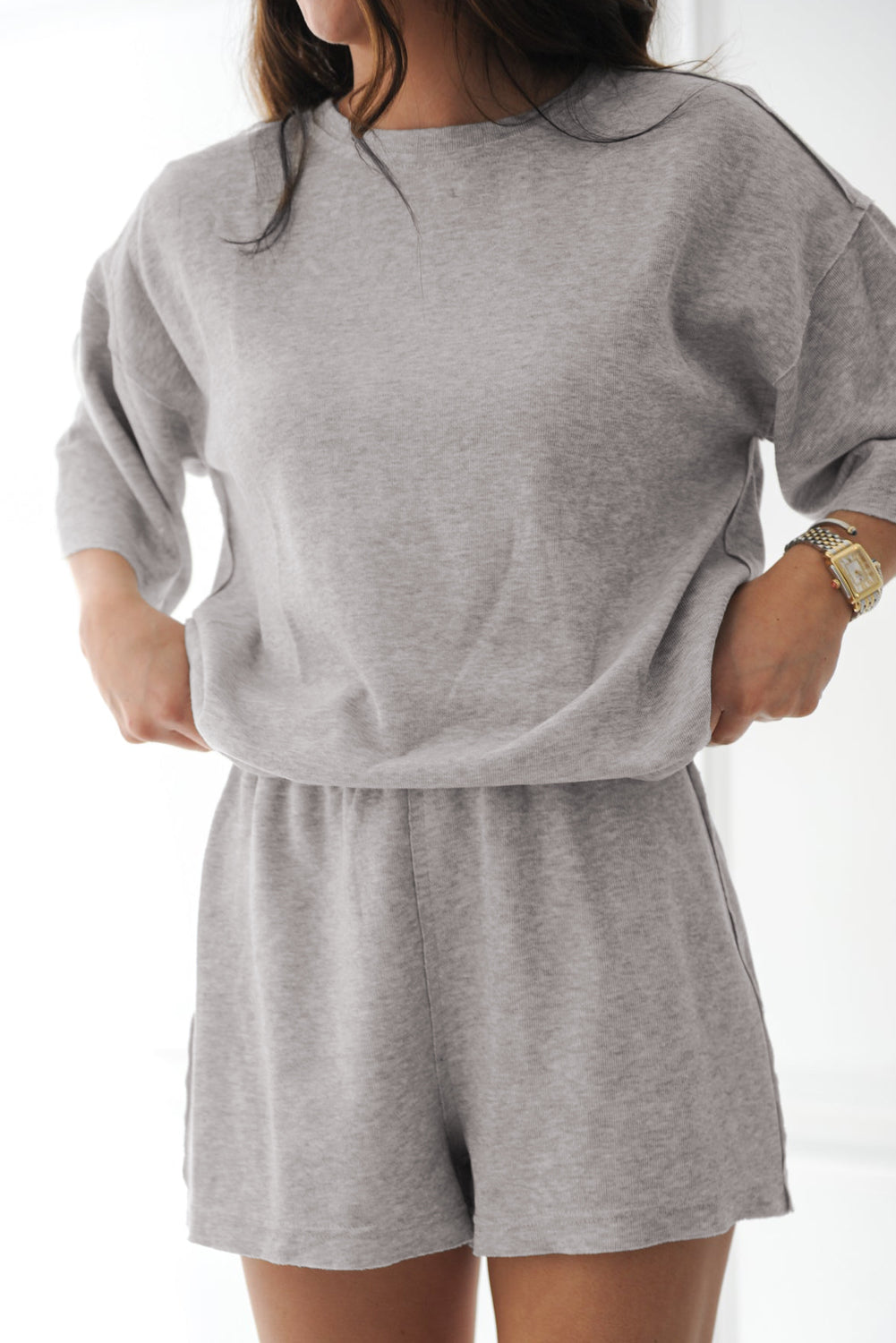 Gray Solid Color Loose Tee 2 Piece Shorts Set-Two Piece Sets/Short Sets-[Adult]-[Female]-2022 Online Blue Zone Planet