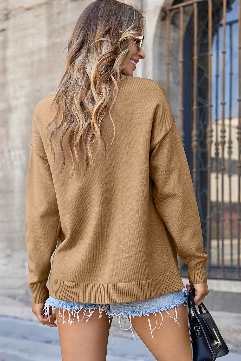 Light French Beige Front Center Seam Drop Shoulder Pullover Solid Sweater-TOPS / DRESSES-[Adult]-[Female]-2022 Online Blue Zone Planet