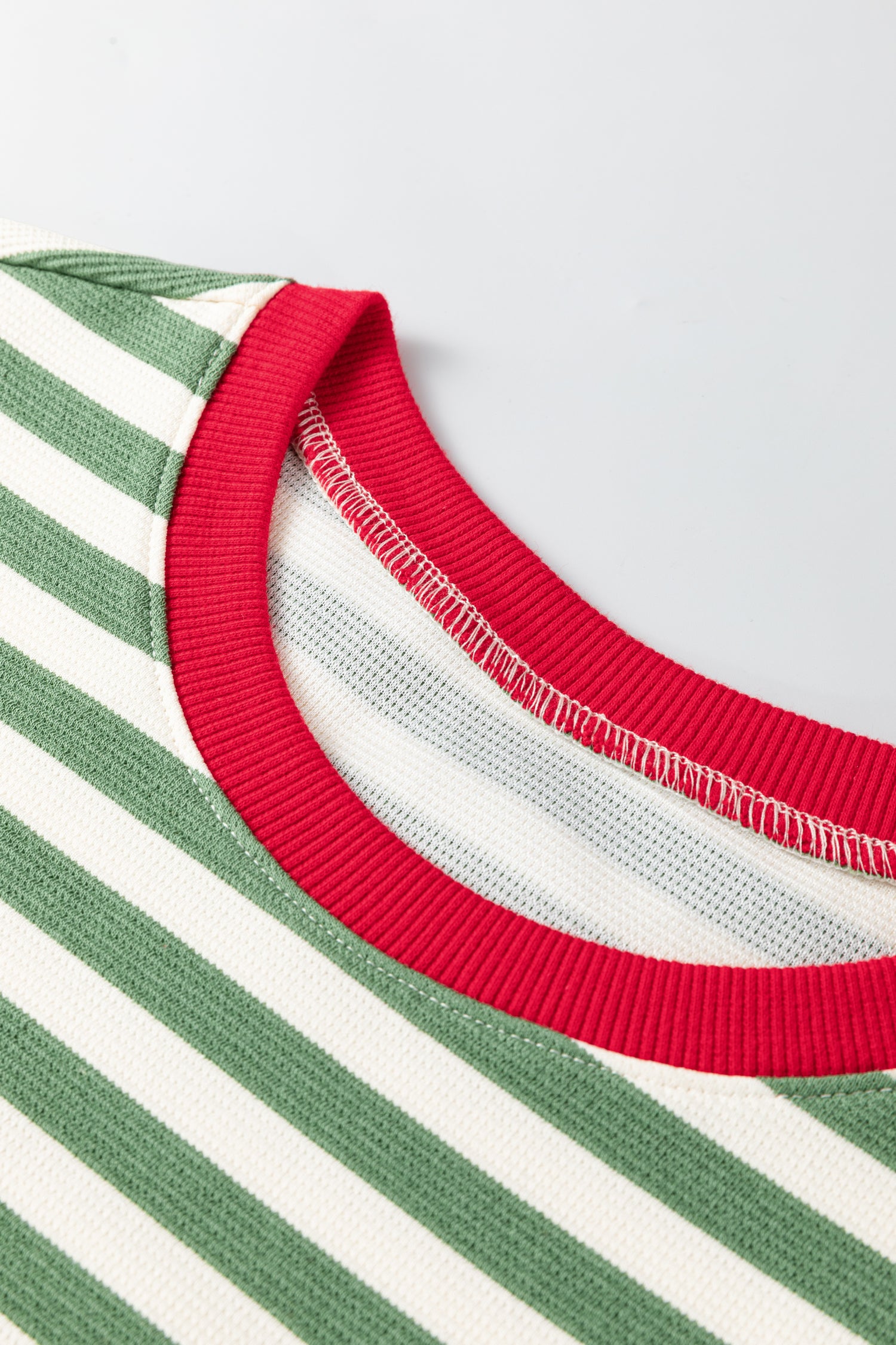 Green Stripe Short Puff Sleeve Contrast Trim Round Neck Tee-Tops/Tops & Tees-[Adult]-[Female]-2022 Online Blue Zone Planet