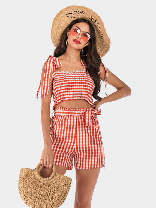 Perfee Tied Smocked Plaid Top and Shorts Set-TOPS / DRESSES-[Adult]-[Female]-Orange-S-2022 Online Blue Zone Planet