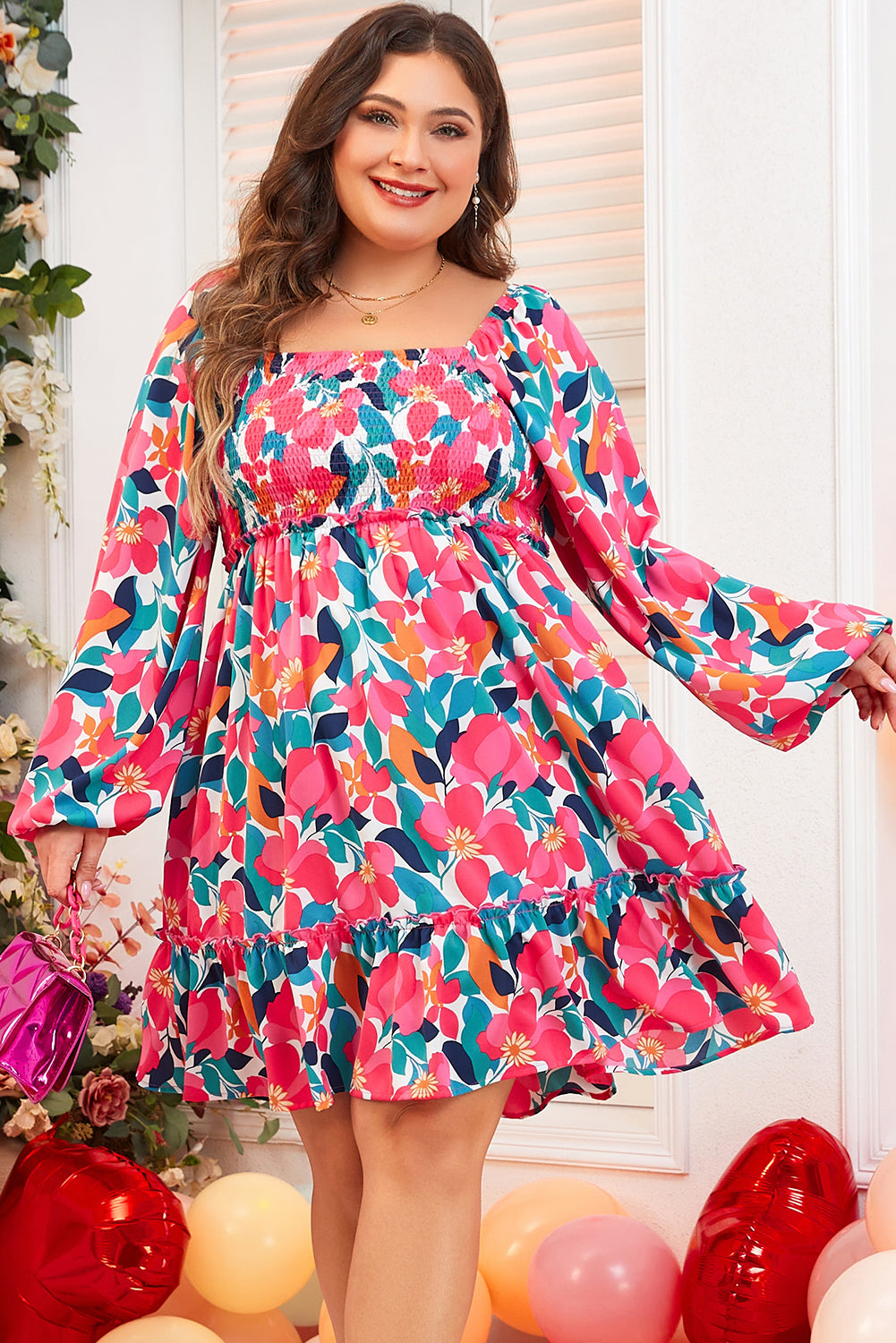 Rose Flower Print Smocked Square Neck Plus Size Dress-Plus Size/Plus Size Dresses/Plus Size Mini Dresses-[Adult]-[Female]-2022 Online Blue Zone Planet