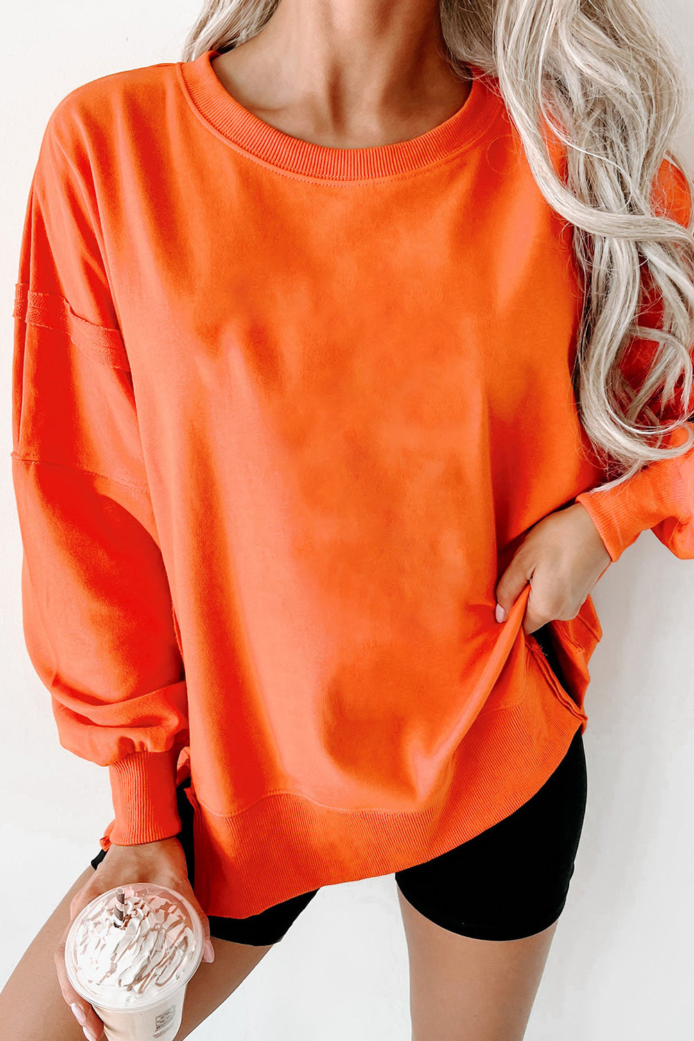 Carrot Exposed Seam Drop Shoulder Round Neck Sweatshirt with Slits-Tops/Sweatshirts & Hoodies-[Adult]-[Female]-Carrot-S-2022 Online Blue Zone Planet