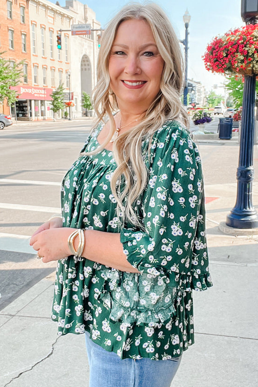 Green Floral Print Square Neck Ruffled Trim Plus Size Blouse-Plus Size/Plus Size Tops/Plus Size Blouses & Shirts-[Adult]-[Female]-2022 Online Blue Zone Planet
