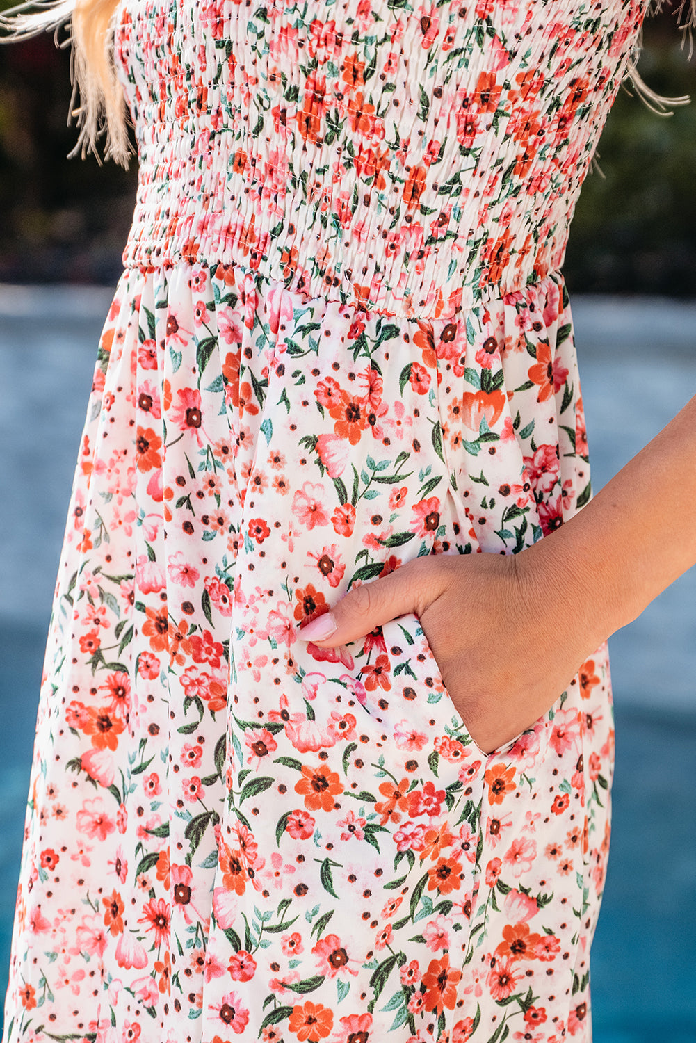 White Boho Floral Smocked Ruffled Maxi Dress Blue Zone Planet