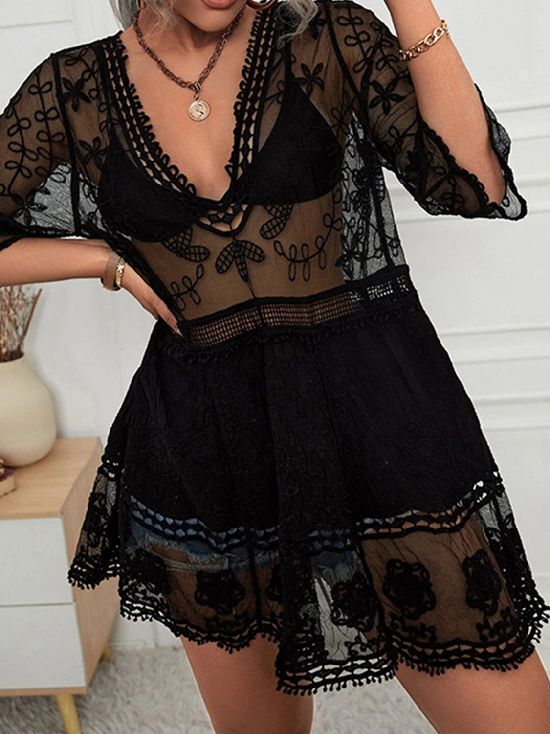Lace Detail Plunge Cover-Up Dress-TOPS / DRESSES-[Adult]-[Female]-Black-One Size-2022 Online Blue Zone Planet