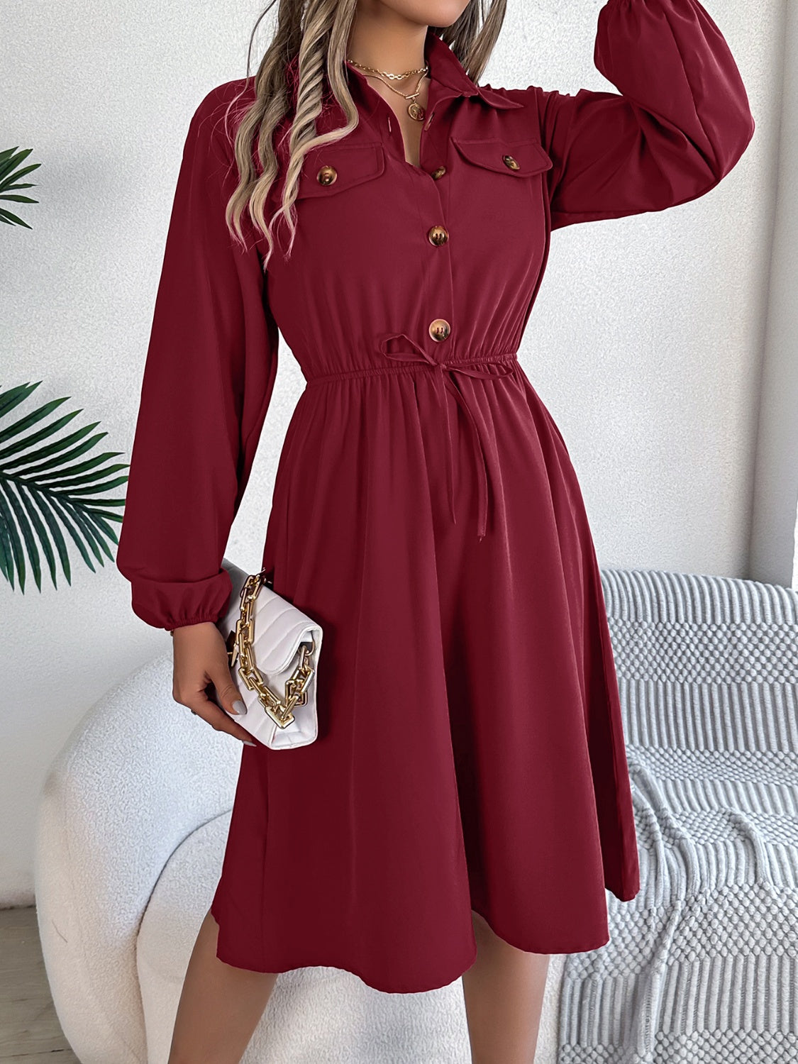 Blue Zone Planet | Collared Neck Long Sleeve Dress with Pockets-TOPS / DRESSES-[Adult]-[Female]-Burgundy-S-2022 Online Blue Zone Planet