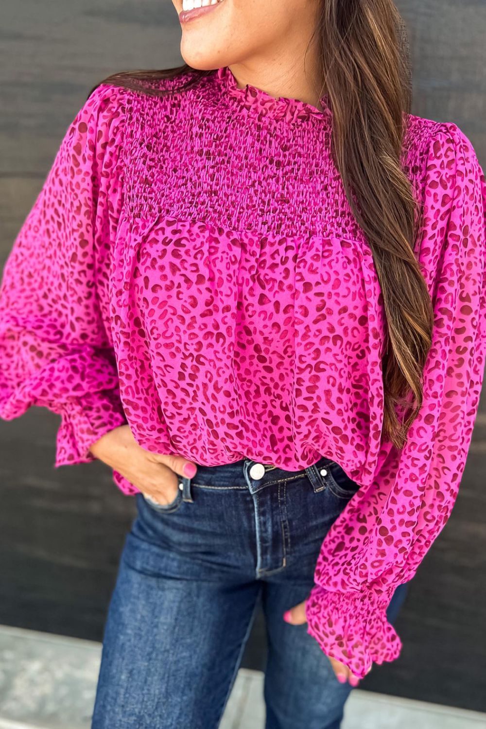 Ruched Leopard Mock Neck Long Sleeve Blouse-TOPS / DRESSES-[Adult]-[Female]-Hot Pink-S-2022 Online Blue Zone Planet