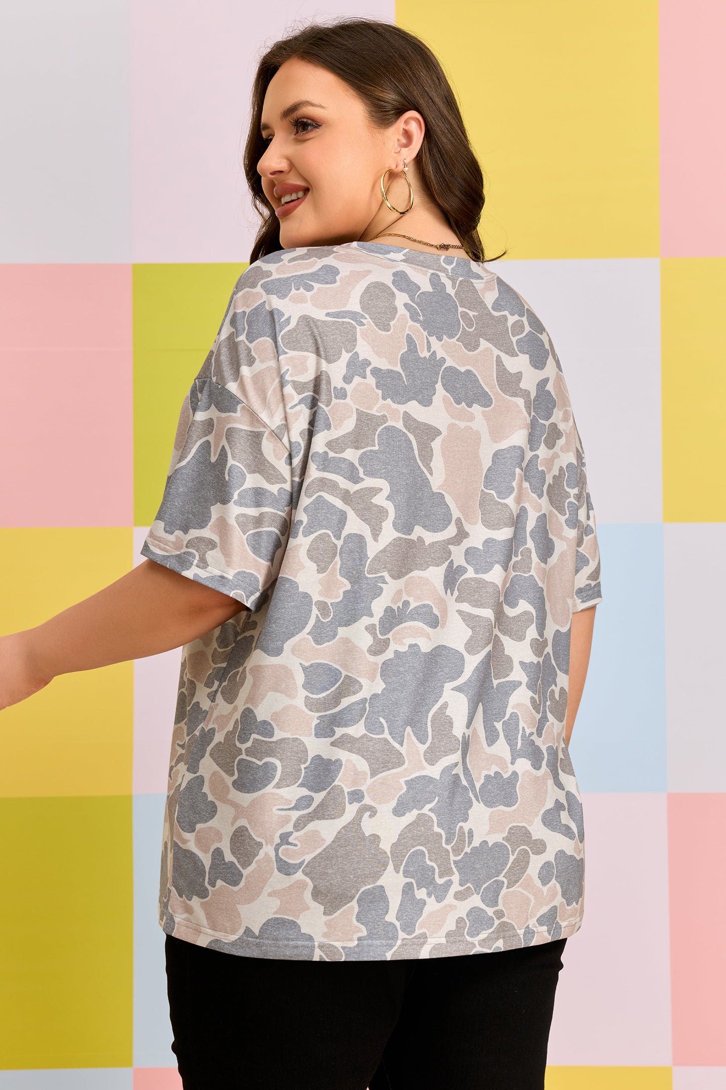 Multicolour Retro Camouflage Print Plus Size T Shirt-Plus Size/Plus Size Tops/Plus Size Tops & Tees-[Adult]-[Female]-2022 Online Blue Zone Planet