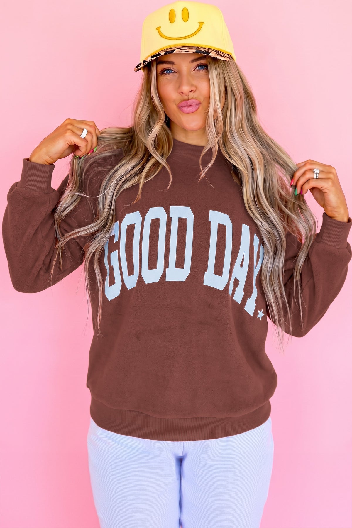 Clay Polka Dot/GOOD DAY Print Reversible Mock Neck Pullover Sweatshirt-Tops/Sweatshirts & Hoodies-[Adult]-[Female]-2022 Online Blue Zone Planet