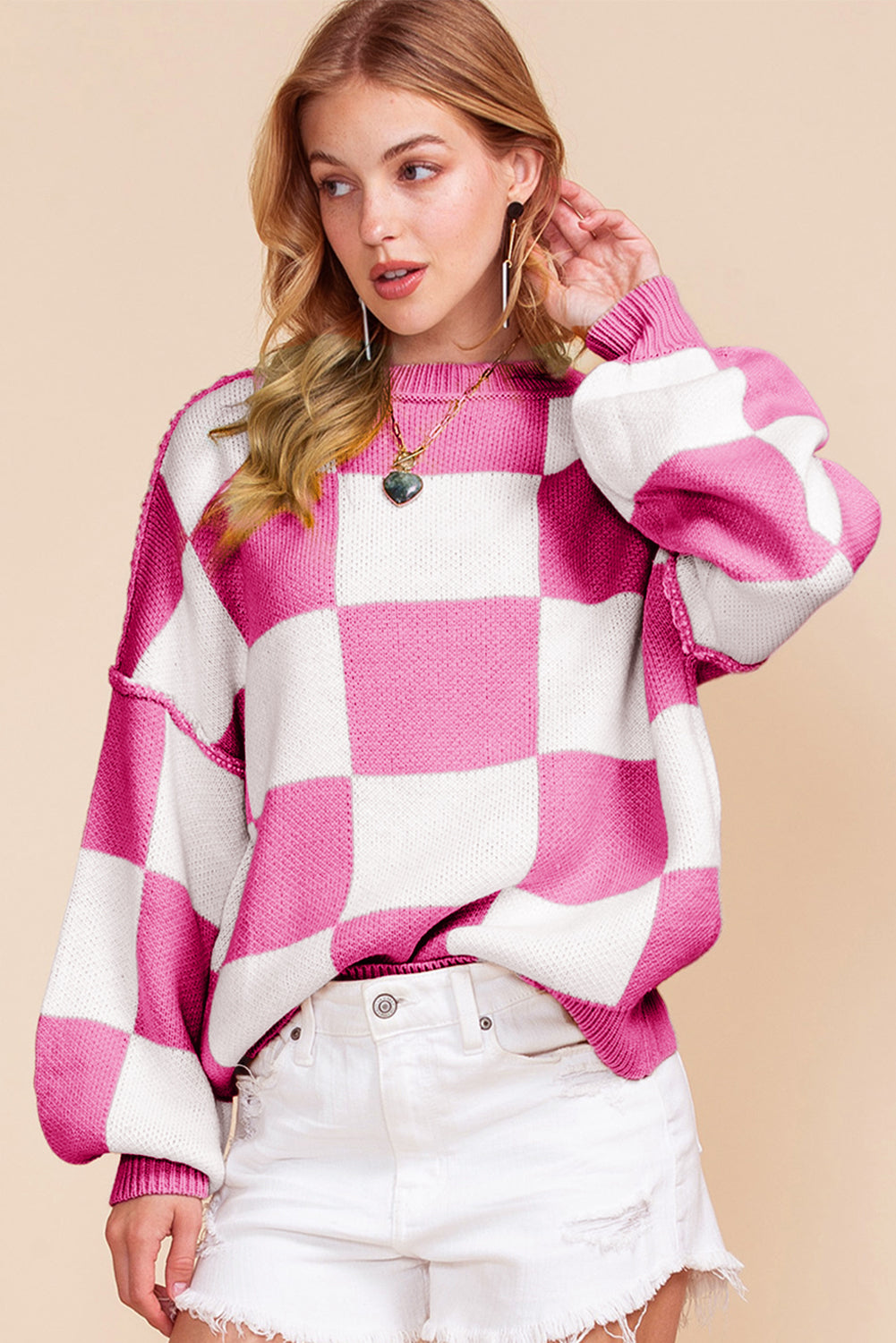 Blue Zone Planet | Pink Checked Bishop Sleeve Pullover Sweater-Sweaters-[Adult]-[Female]-2022 Online Blue Zone Planet