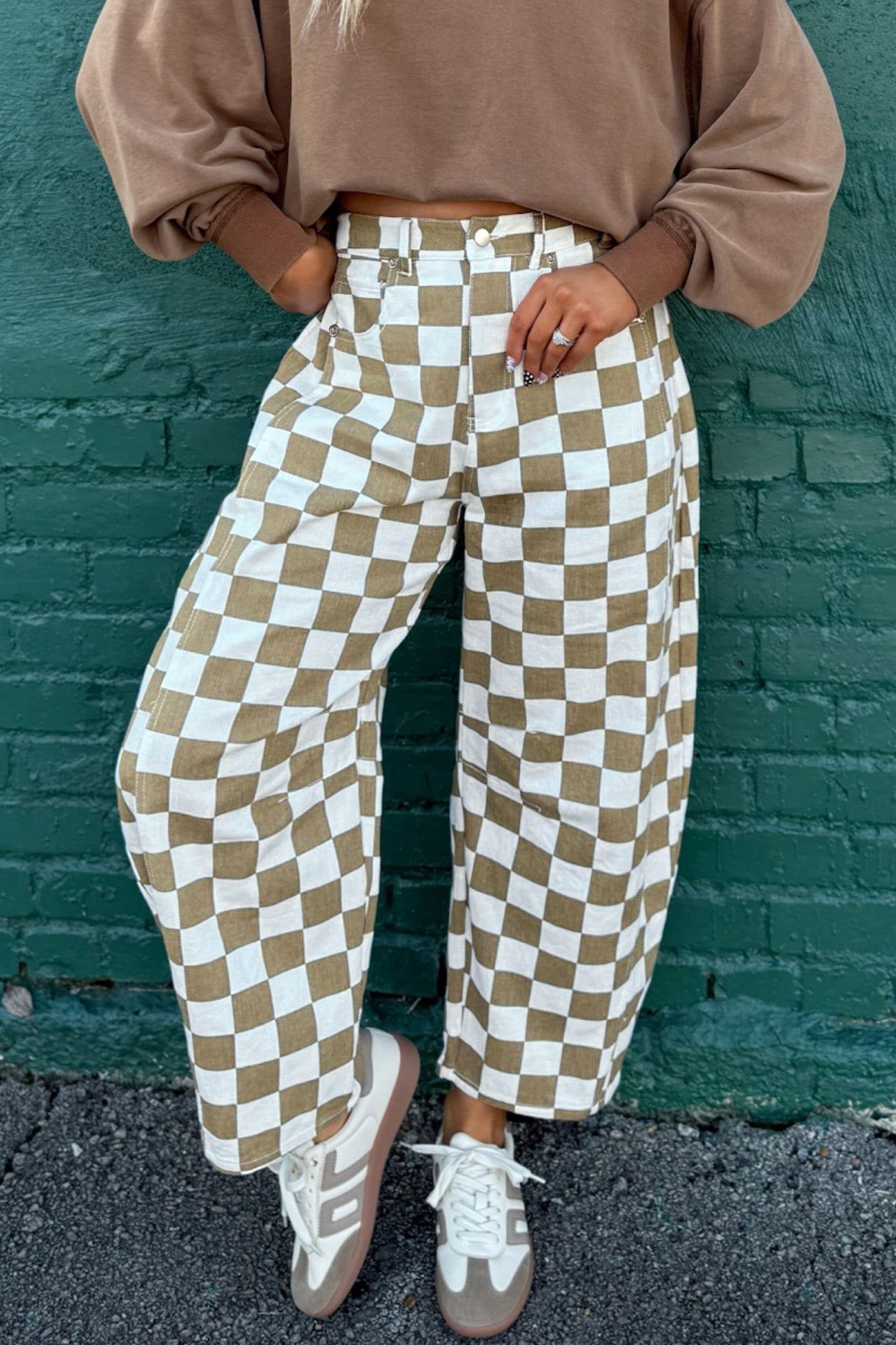 White Checkered Print Denim Barrel Pants-Bottoms/Pants & Culotte-[Adult]-[Female]-2022 Online Blue Zone Planet