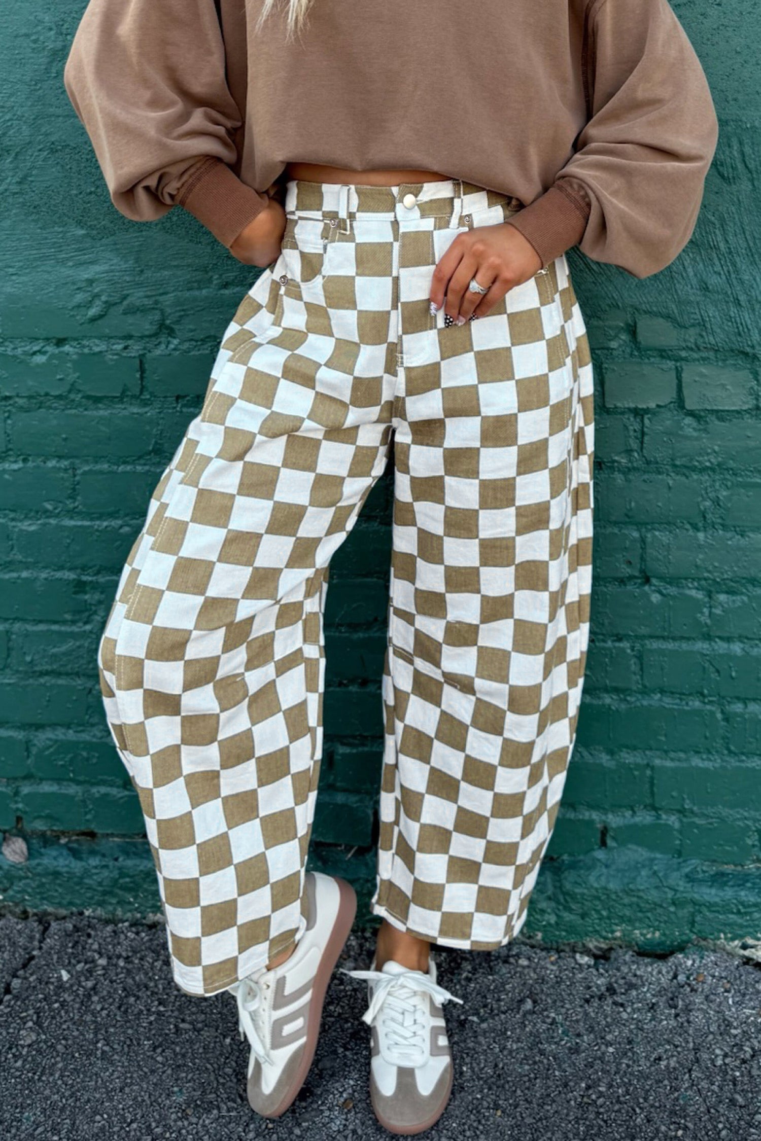 White Checkered Print Denim Barrel Pants-Bottoms/Pants & Culotte-[Adult]-[Female]-2022 Online Blue Zone Planet