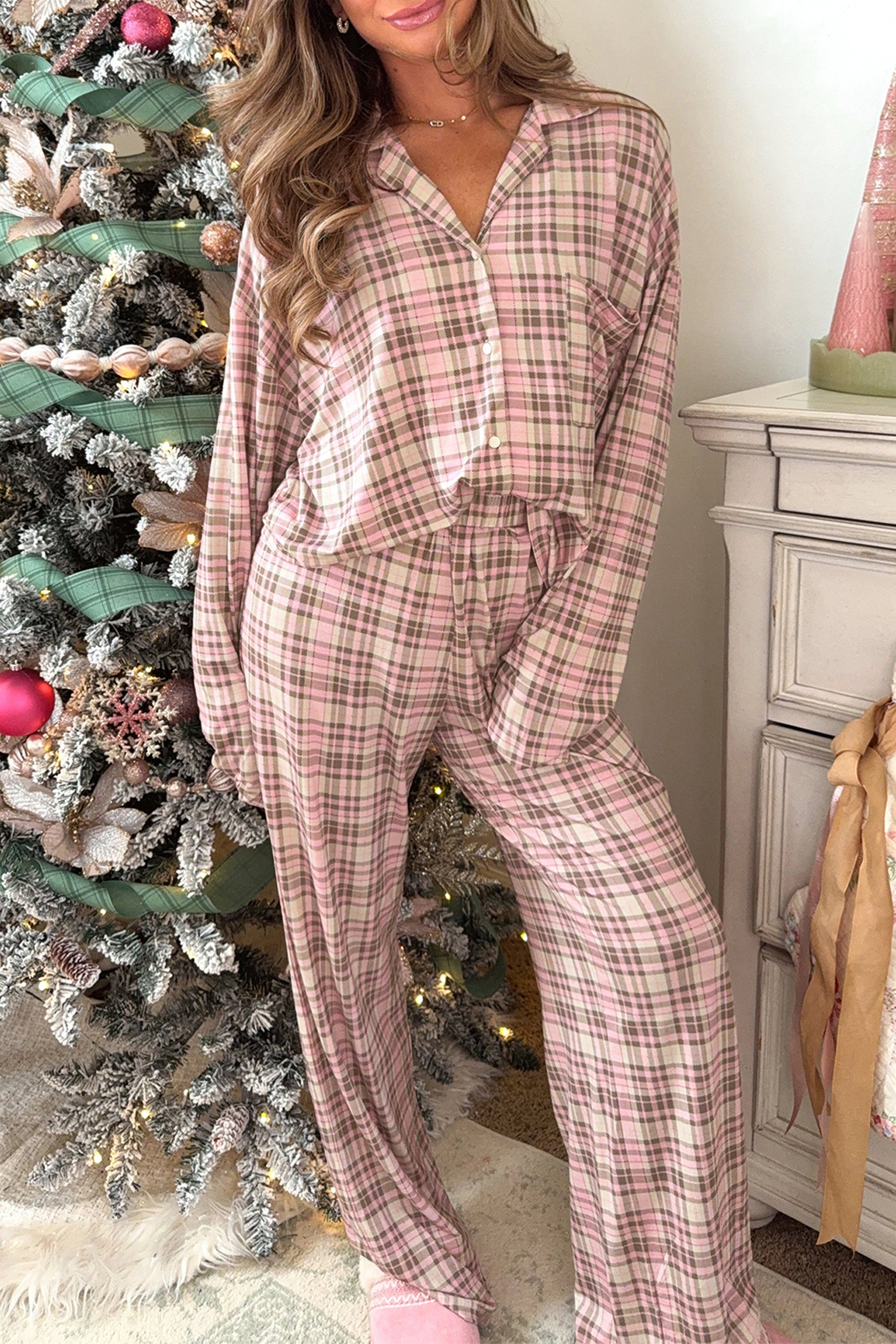 Pink Plaid Patch Pockets Long Sleeve Lounge Set-Loungewear & Sleepwear/Loungewear-[Adult]-[Female]-2022 Online Blue Zone Planet