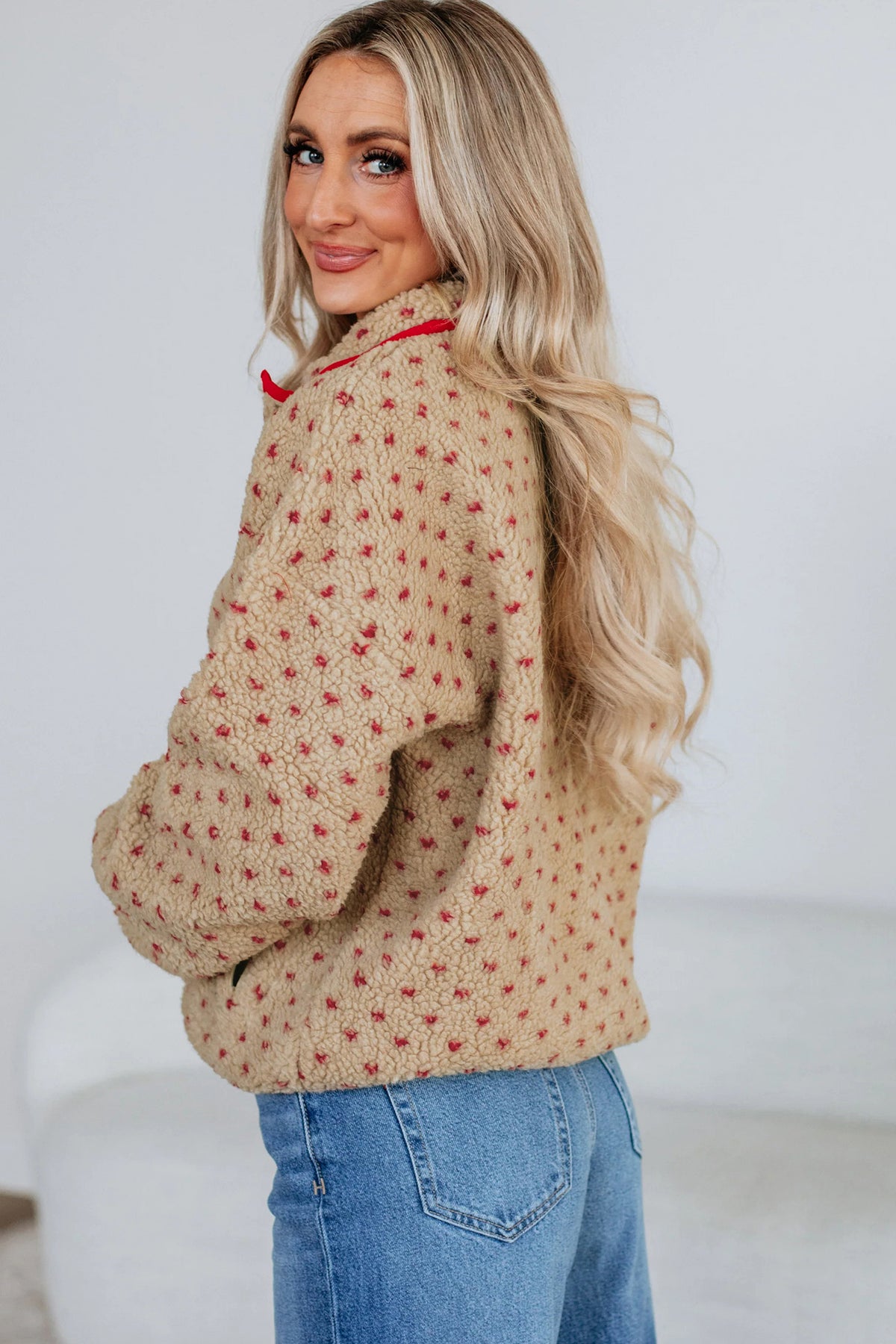 Khaki Heart Pattern Fleece Colorblock Collar Long Sleeve Sweatshirt-Tops/Sweatshirts & Hoodies-[Adult]-[Female]-2022 Online Blue Zone Planet