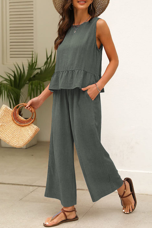 Duffel Green Solid Color Ribbed Ruffle Tank Top and Pants Set-Two Piece Sets/Pant Sets-[Adult]-[Female]-Duffel Green-S-2022 Online Blue Zone Planet