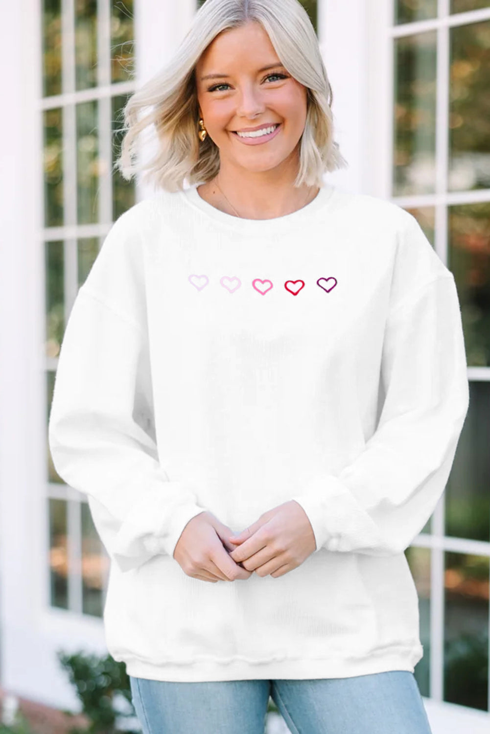 Pink 3d Ribbed XOXO Heart Embroidered Drop Shoulder Sweatshirt-Sweatshirts & Hoodies-[Adult]-[Female]-2022 Online Blue Zone Planet