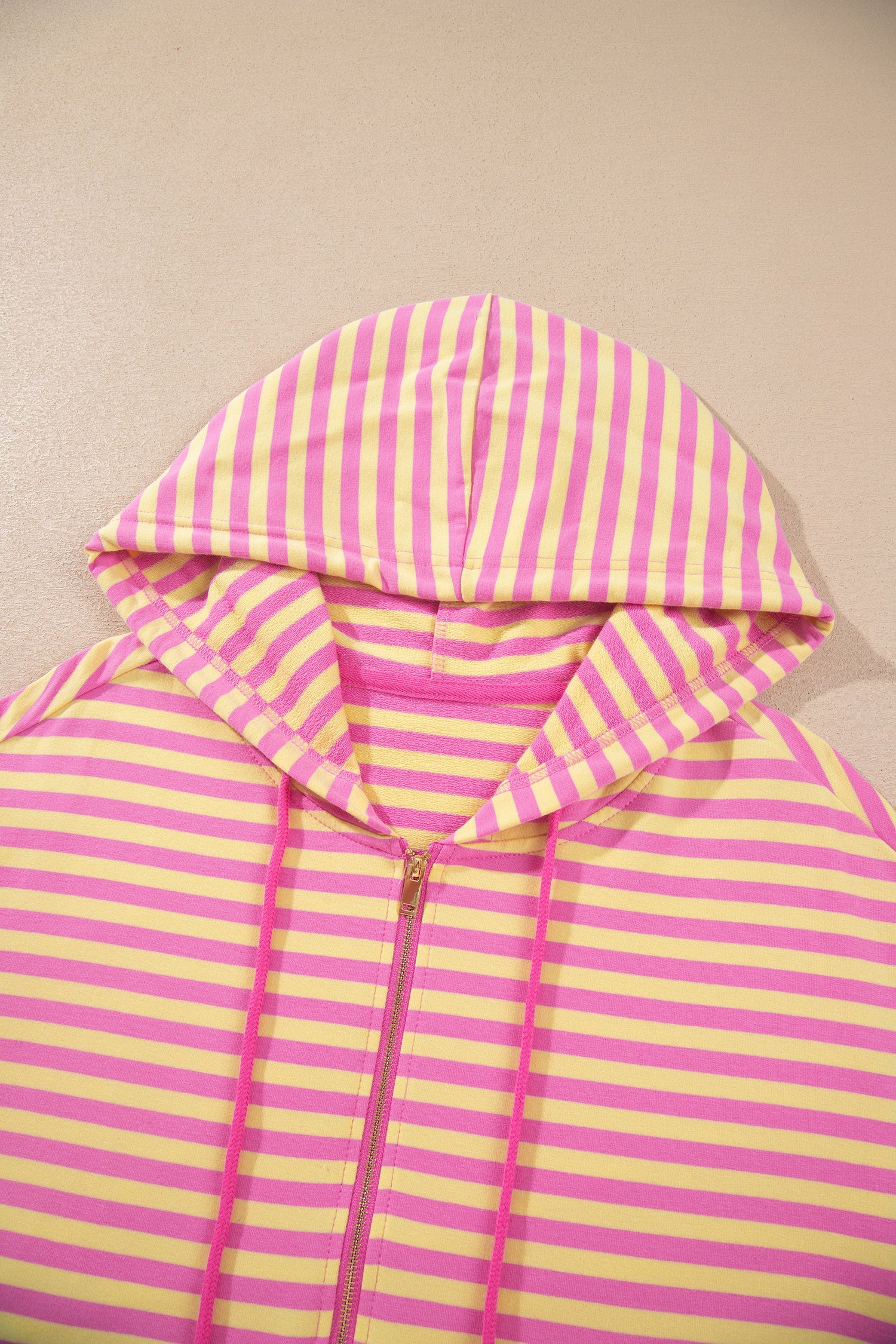 Rose Red Striped Long Sleeve Zip-Up Hoodie Drawstring Elastic Waist 2pcs Short Set-Two Piece Sets/Short Sets-[Adult]-[Female]-2022 Online Blue Zone Planet