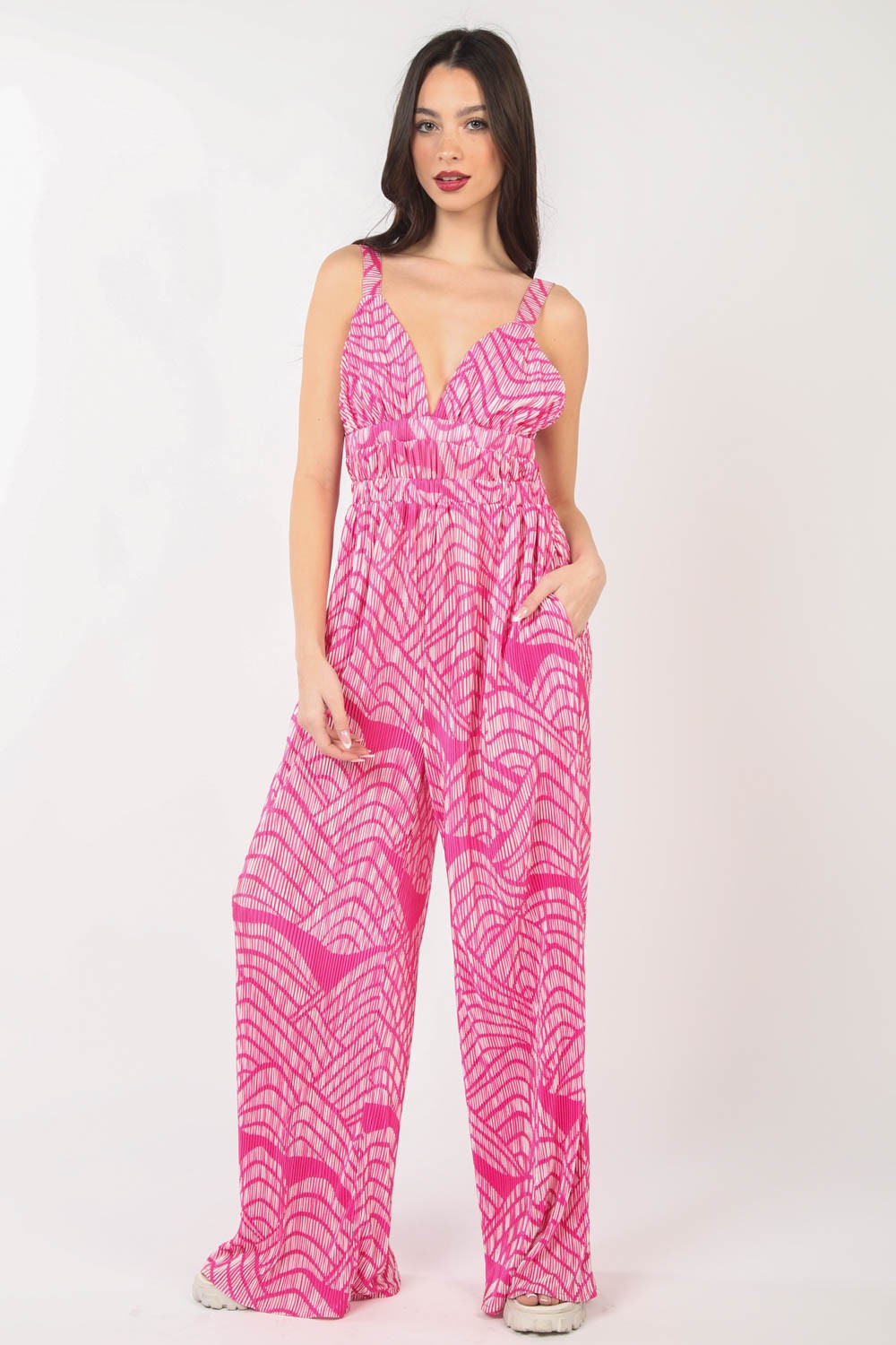 Blue Zone Planet | VERY J Printed Pleated Sleeveless Wide Leg Jumpsuit-TOPS / DRESSES-[Adult]-[Female]-HOTPINK-S-2022 Online Blue Zone Planet