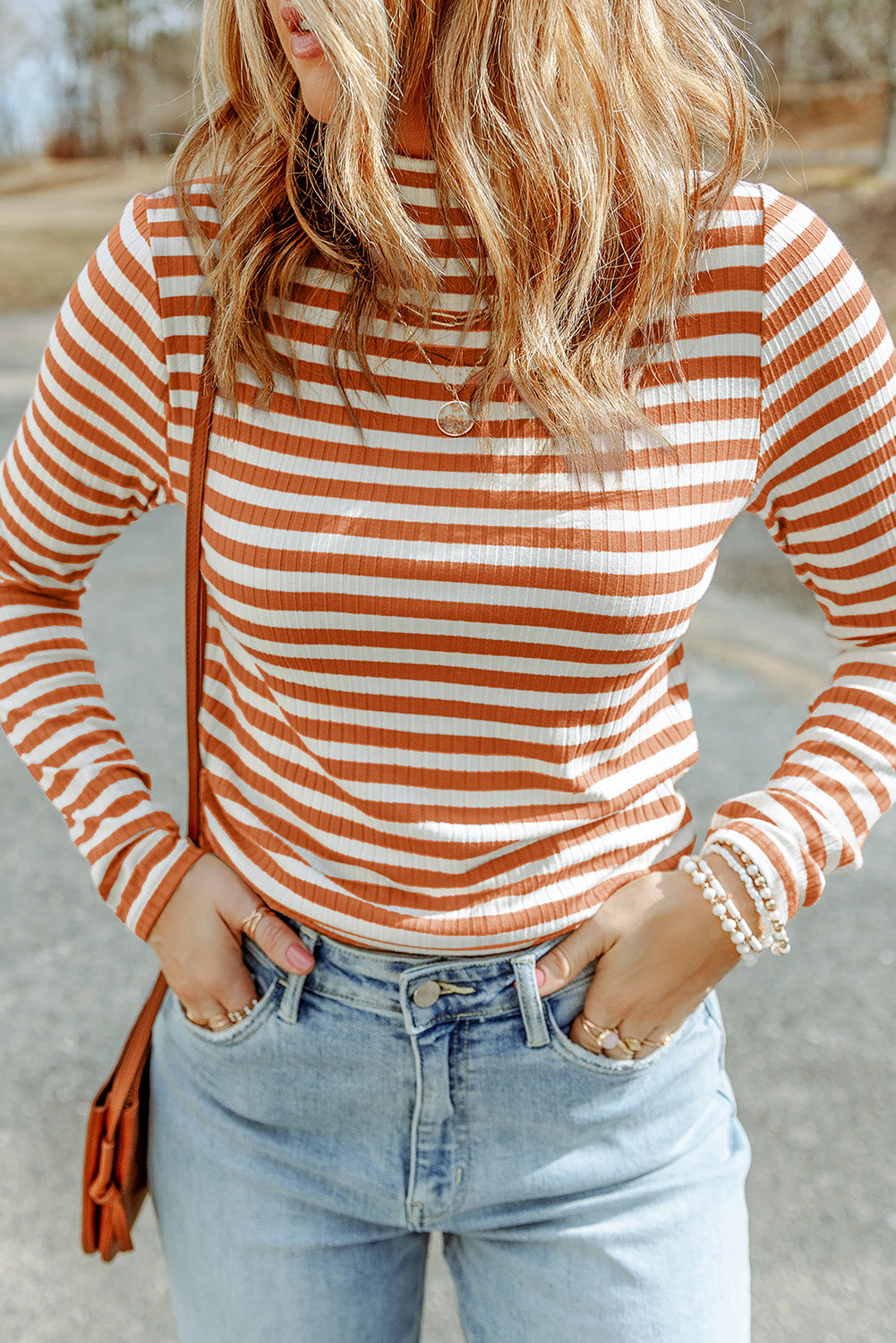 Striped Mock Neck Long Sleeve Top BLUE ZONE PLANET