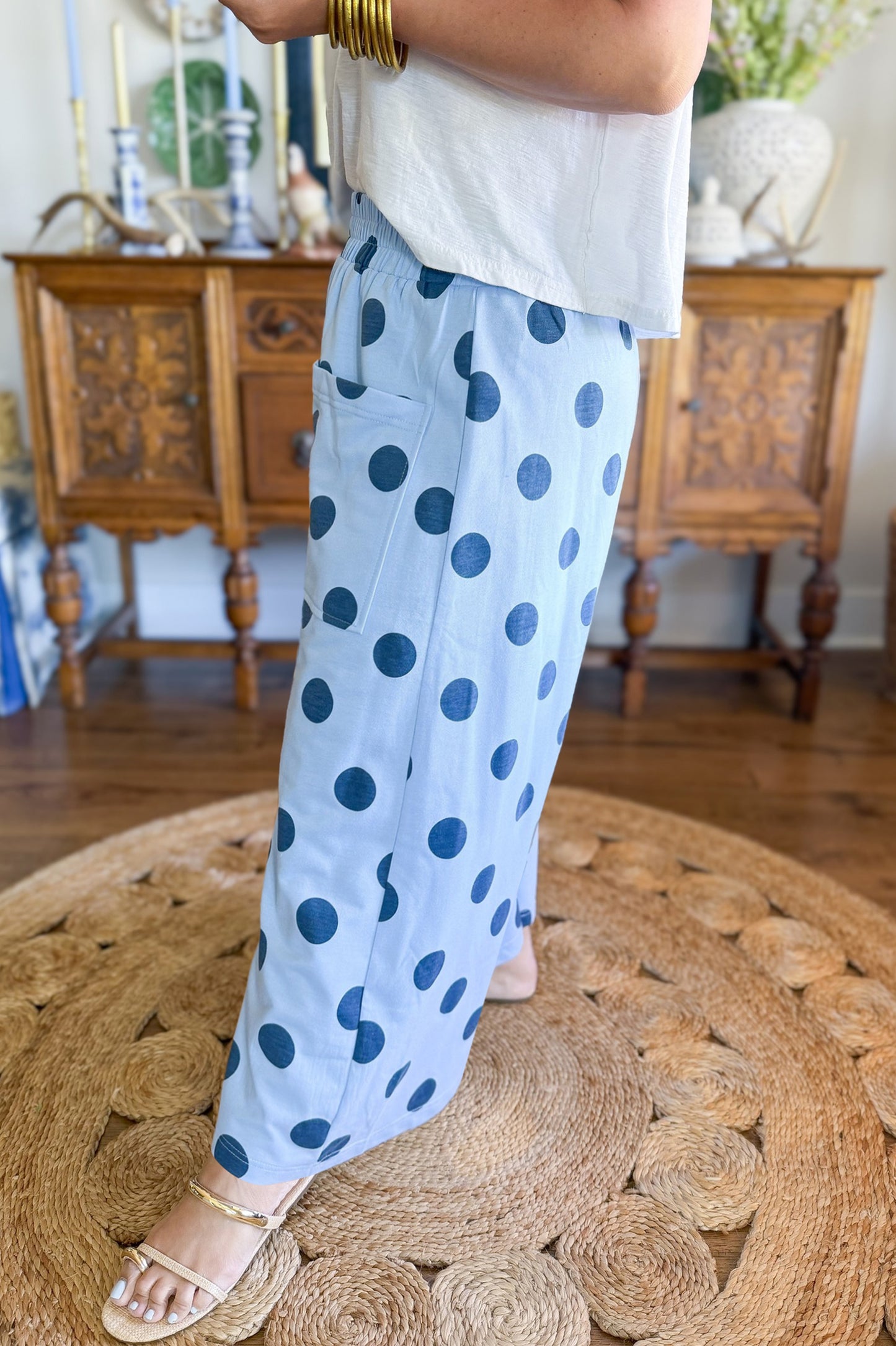 Khaki Polka Dot Elastic Waist Wide Leg Plus Size Pants-Plus Size/Plus Size Bottoms-[Adult]-[Female]-2022 Online Blue Zone Planet