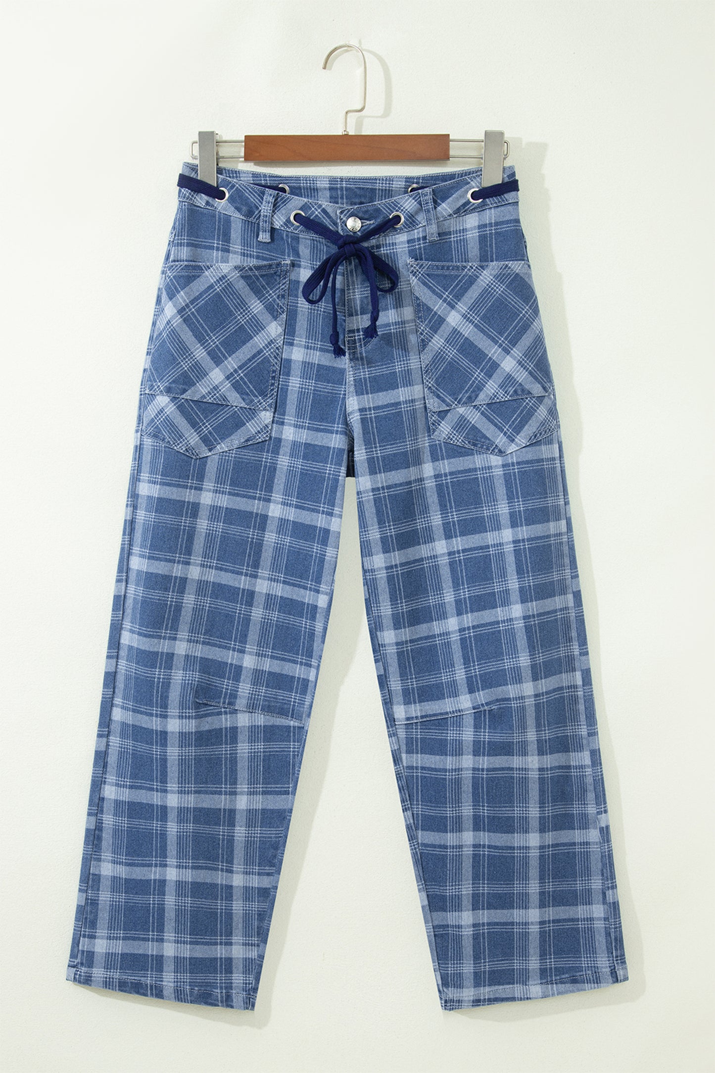 Sky Blue Plaid Denim Grommet Drawstring Waist Ankle-Length Jeans-Bottoms/Jeans-[Adult]-[Female]-2022 Online Blue Zone Planet