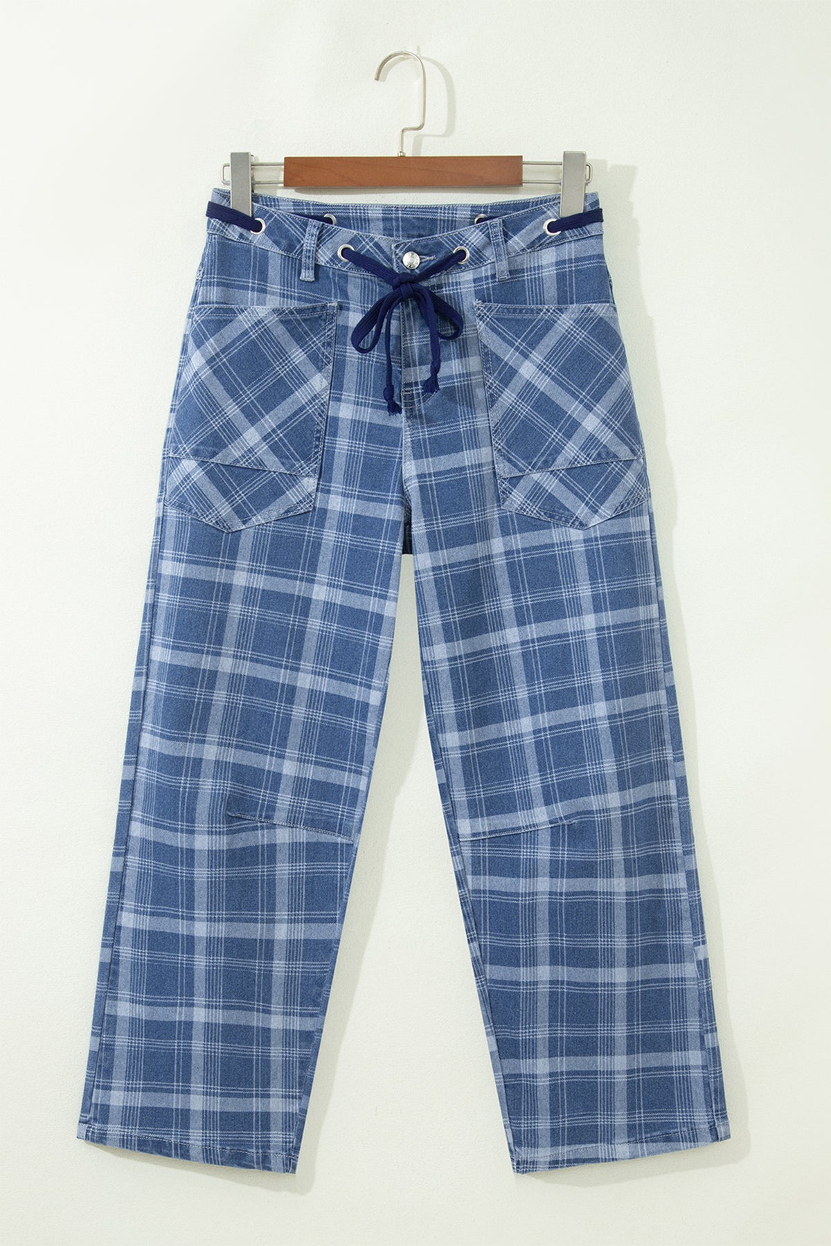 Sky Blue Plaid Denim Grommet Drawstring Waist Ankle-Length Jeans-Bottoms/Jeans-[Adult]-[Female]-2022 Online Blue Zone Planet