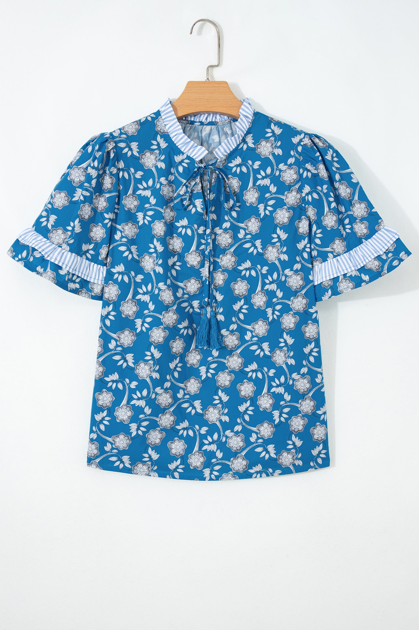 Blue Floral Print Button Tie Neck Striped Detail Short Sleeve Blouse-Tops/Blouses & Shirts-[Adult]-[Female]-2022 Online Blue Zone Planet