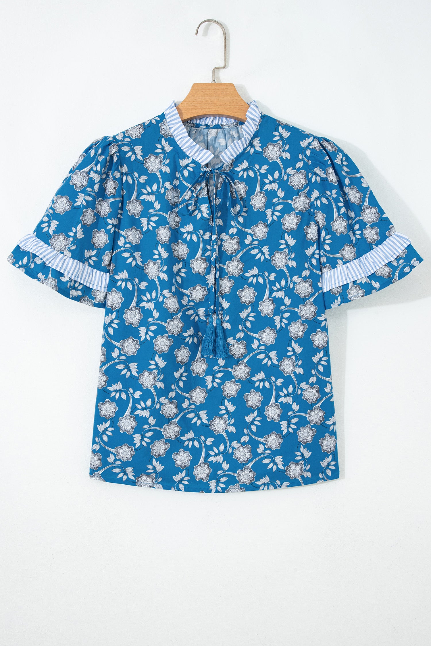 Blue Floral Print Button Tie Neck Striped Detail Short Sleeve Blouse-Tops/Blouses & Shirts-[Adult]-[Female]-2022 Online Blue Zone Planet
