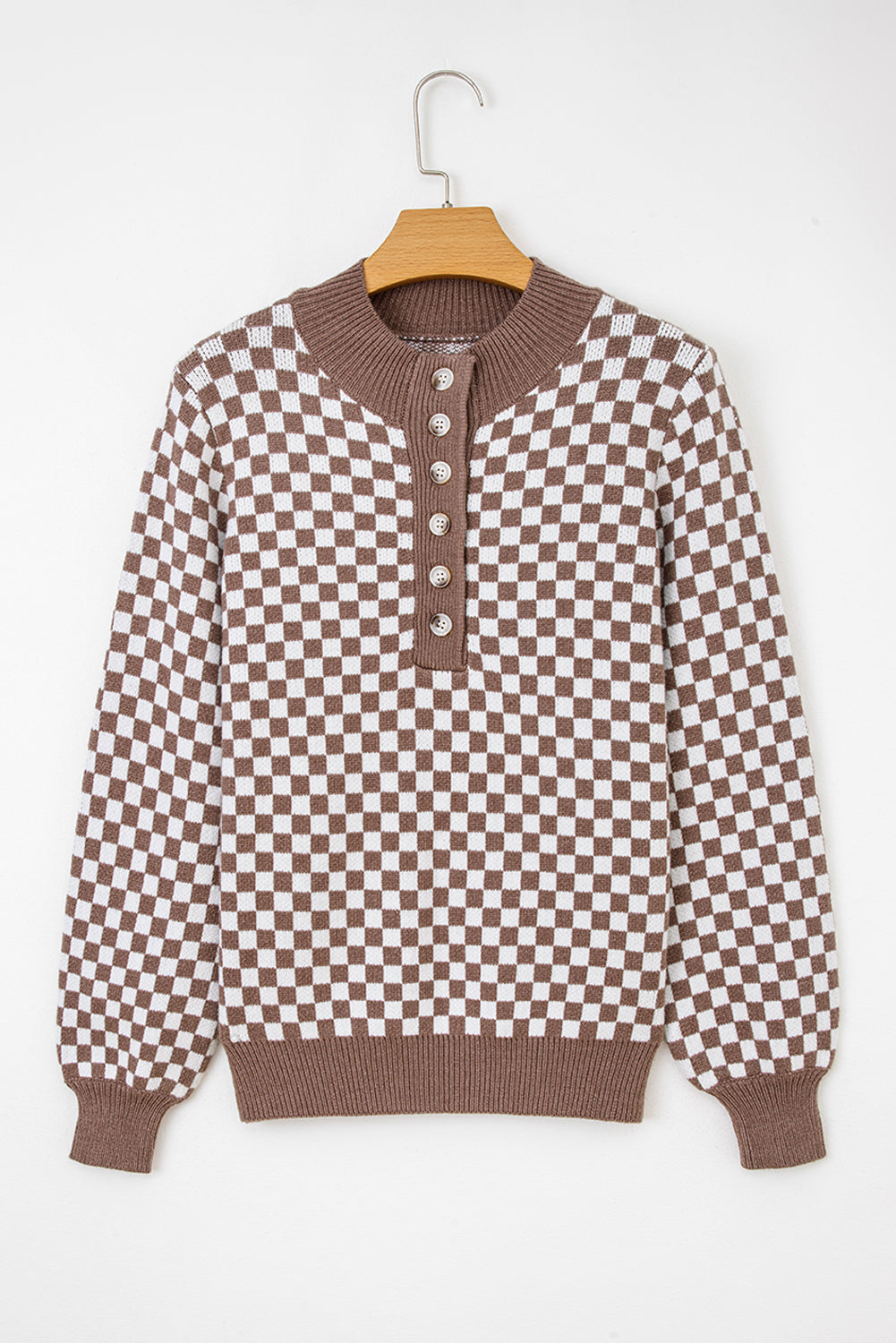 Dark Brown Half Button Ribbed Trim Checkerboard Knit Sweater-Sweaters & Cardigans/Sweaters-[Adult]-[Female]-2022 Online Blue Zone Planet