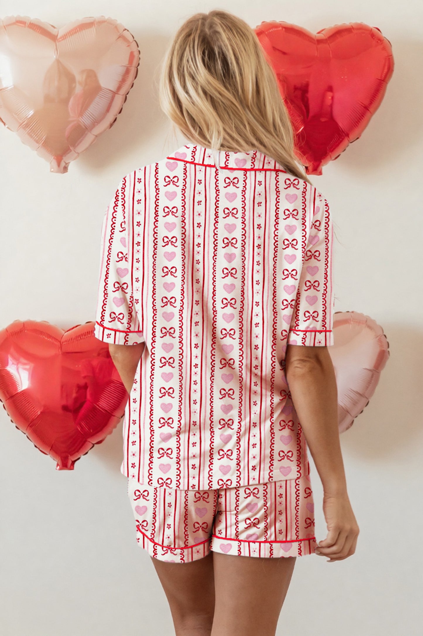 Red Cute Bow Heart Print Ribbon Decor Short 2pcs Pajama Set-Loungewear & Sleepwear/Sleepwear-[Adult]-[Female]-2022 Online Blue Zone Planet