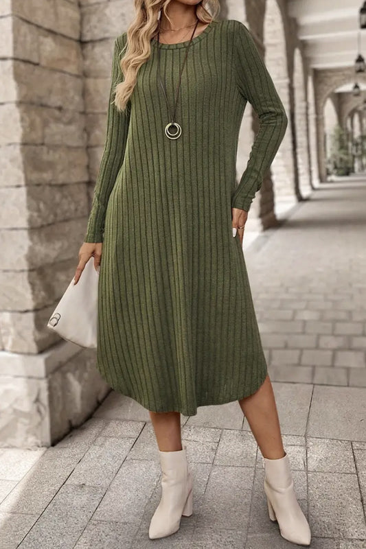 Blue Zone Planet | Ribbed Curved Hem Round Neck Long Sleeve Dress-TOPS / DRESSES-[Adult]-[Female]-Moss-S-2022 Online Blue Zone Planet